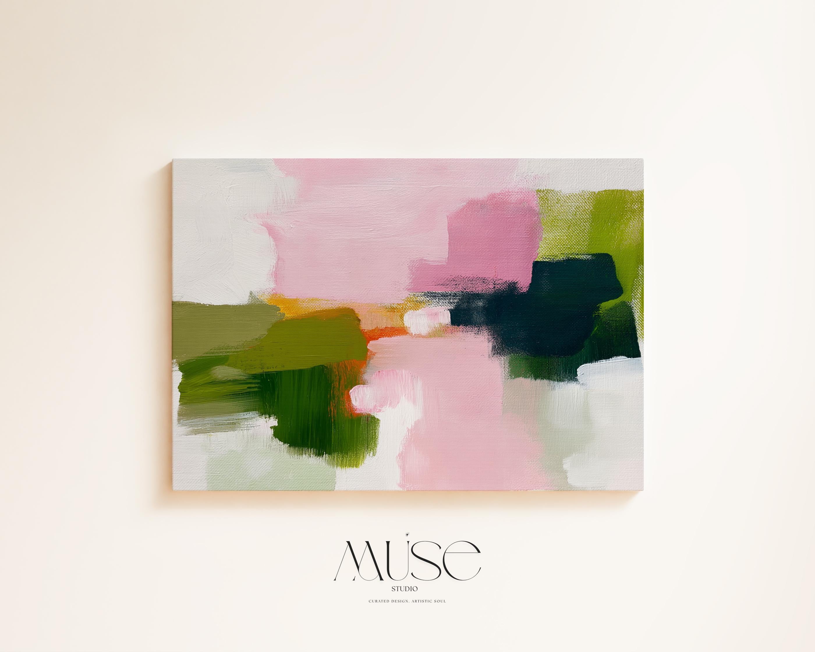 Abstract canvas wall art by Muse Studio featuring blush pink and muted green tones in a minimal horizontal composition, printed with museum-grade giclée inks on premium gallery-wrapped artist canvas for modern office or workspace decor 316