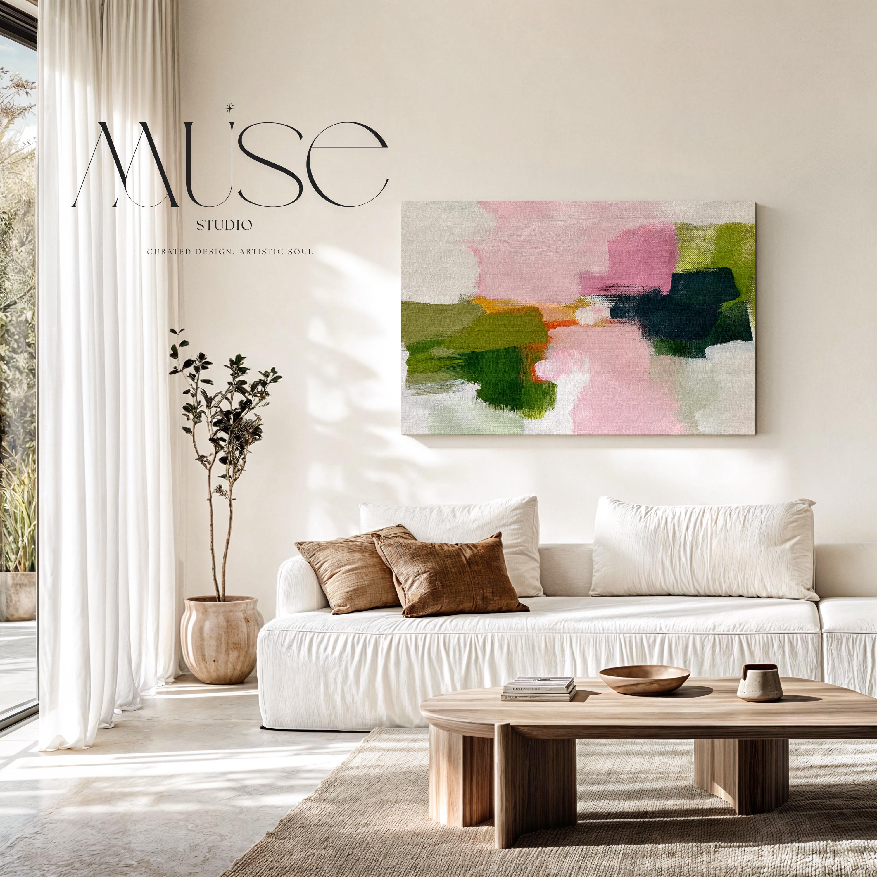 Abstract canvas wall art by Muse Studio featuring blush pink and muted green tones in a minimal horizontal composition, printed with museum-grade giclée inks on premium gallery-wrapped artist canvas for modern office or workspace decor 316