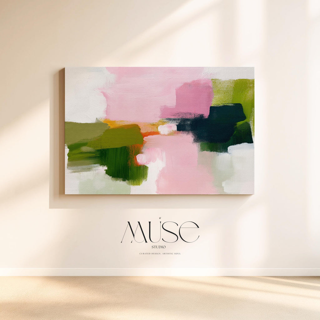 Abstract canvas wall art by Muse Studio featuring blush pink and muted green tones in a minimal horizontal composition, printed with museum-grade giclée inks on premium gallery-wrapped artist canvas for modern office or workspace decor 316