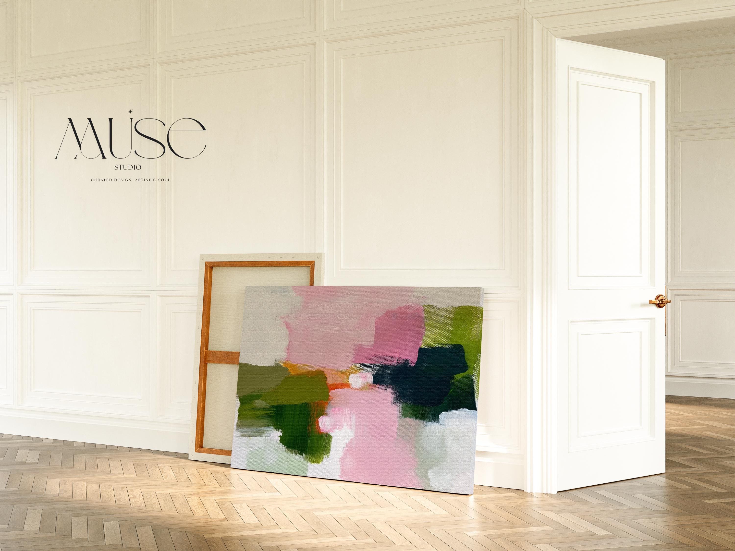 Abstract canvas wall art by Muse Studio featuring blush pink and muted green tones in a minimal horizontal composition, printed with museum-grade giclée inks on premium gallery-wrapped artist canvas for modern office or workspace decor 316