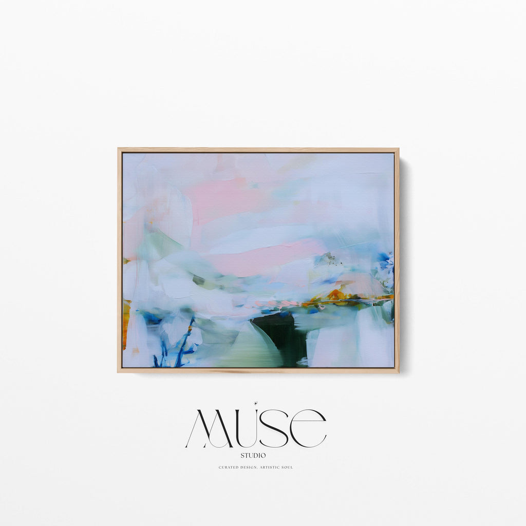 Framed abstract wall art by Muse Studio featuring lilac pink, blue, and soft green tones in a horizontal pastel composition, printed with museum-grade giclée inks on premium canvas, styled for living room or bedroom decor