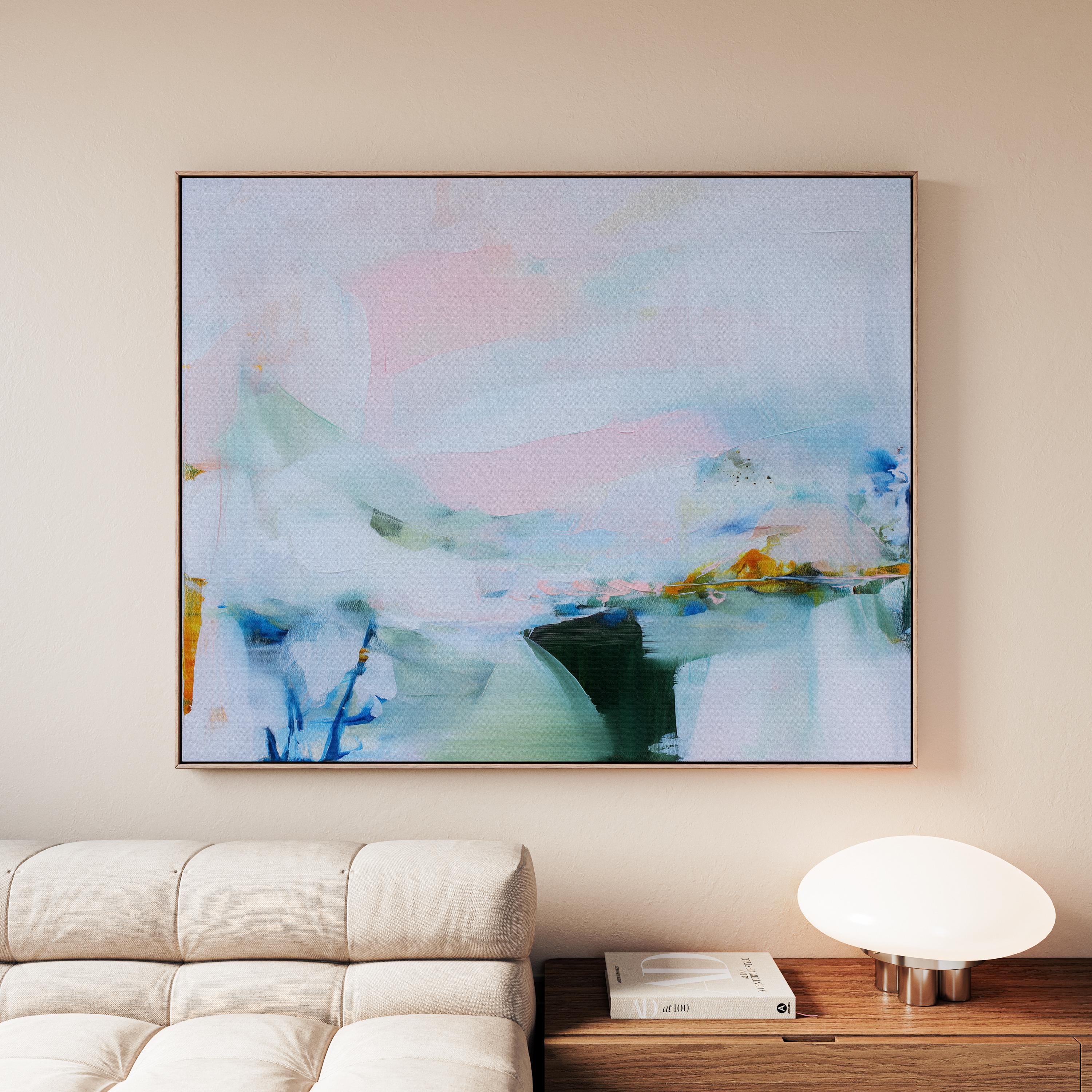 Framed abstract wall art by Muse Studio featuring lilac pink, blue, and soft green tones in a horizontal pastel composition, printed with museum-grade giclée inks on premium canvas, styled for living room or bedroom decor
