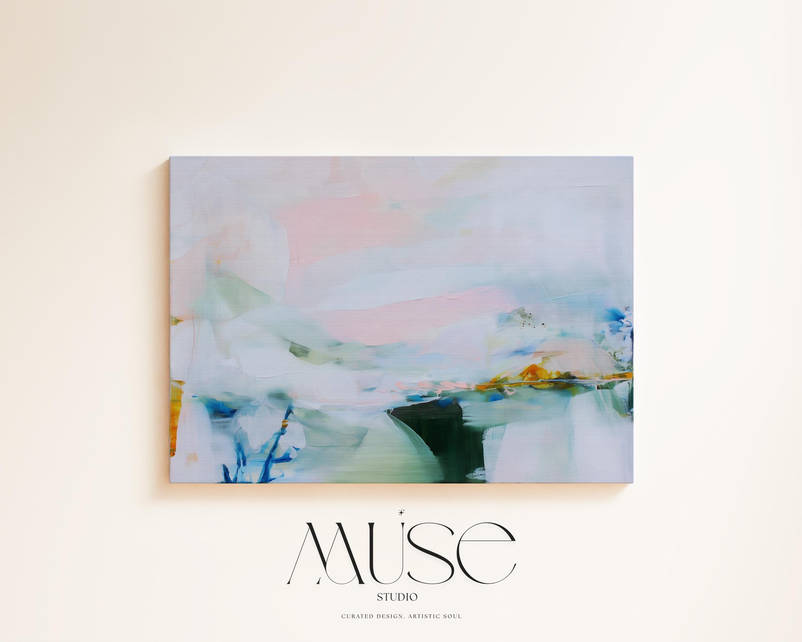 Large abstract canvas wall art by Muse Studio in lilac, blush pink, and blue pastel tones, horizontal modern painting printed on premium gallery-wrapped artist canvas with museum-grade giclée inks for bedroom or living room