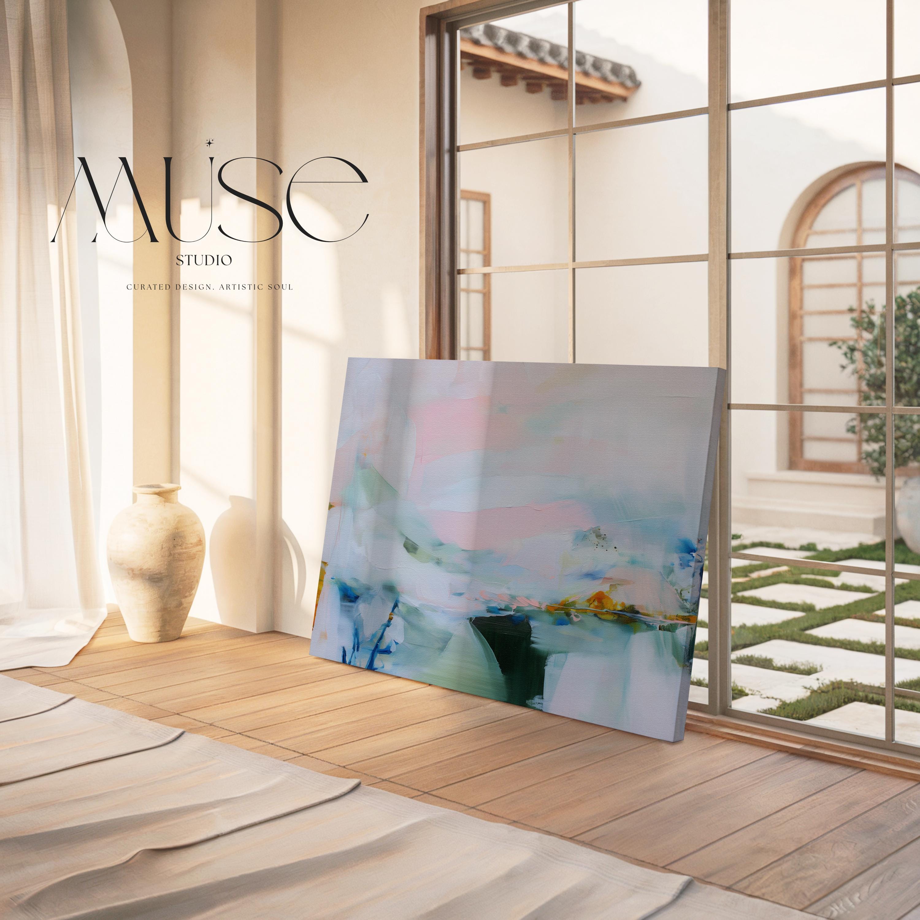 Large abstract canvas wall art by Muse Studio in lilac, blush pink, and blue pastel tones, horizontal modern painting printed on premium gallery-wrapped artist canvas with museum-grade giclée inks for bedroom or living room