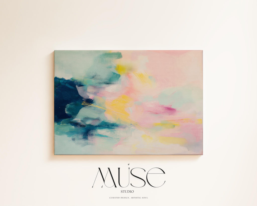 Large abstract canvas wall art by Muse Studio featuring pastel pink, teal, and yellow tones in a horizontal modern composition, printed with museum-grade giclée inks on premium gallery-wrapped artist canvas for bedroom or living room decor