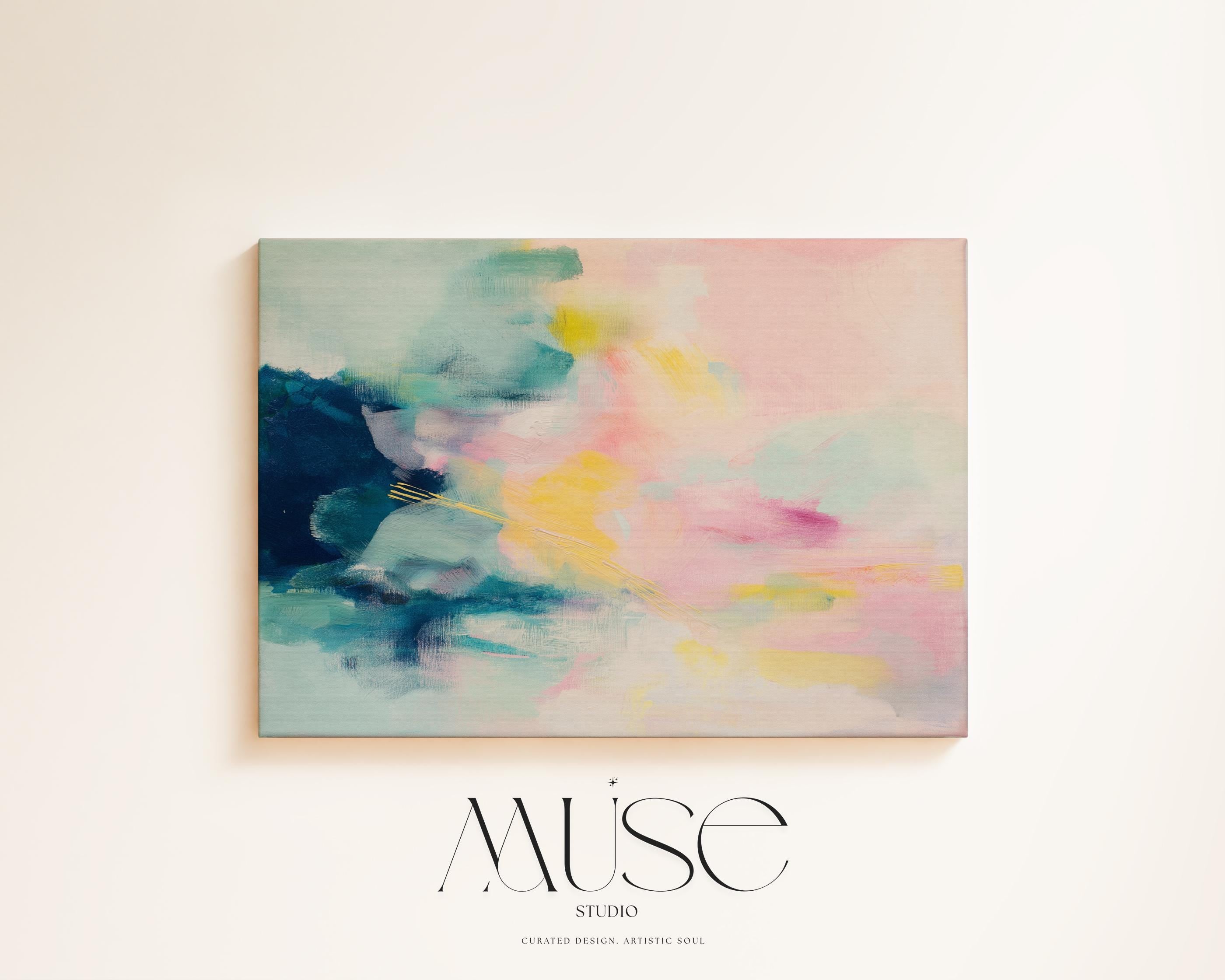 Large abstract canvas wall art by Muse Studio featuring pastel pink, teal, and yellow tones in a horizontal modern composition, printed with museum-grade giclée inks on premium gallery-wrapped artist canvas for bedroom or living room decor