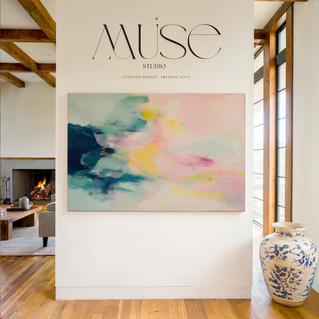 Large abstract canvas wall art by Muse Studio featuring pastel pink, teal, and yellow tones in a horizontal modern composition, printed with museum-grade giclée inks on premium gallery-wrapped artist canvas for bedroom or living room decor