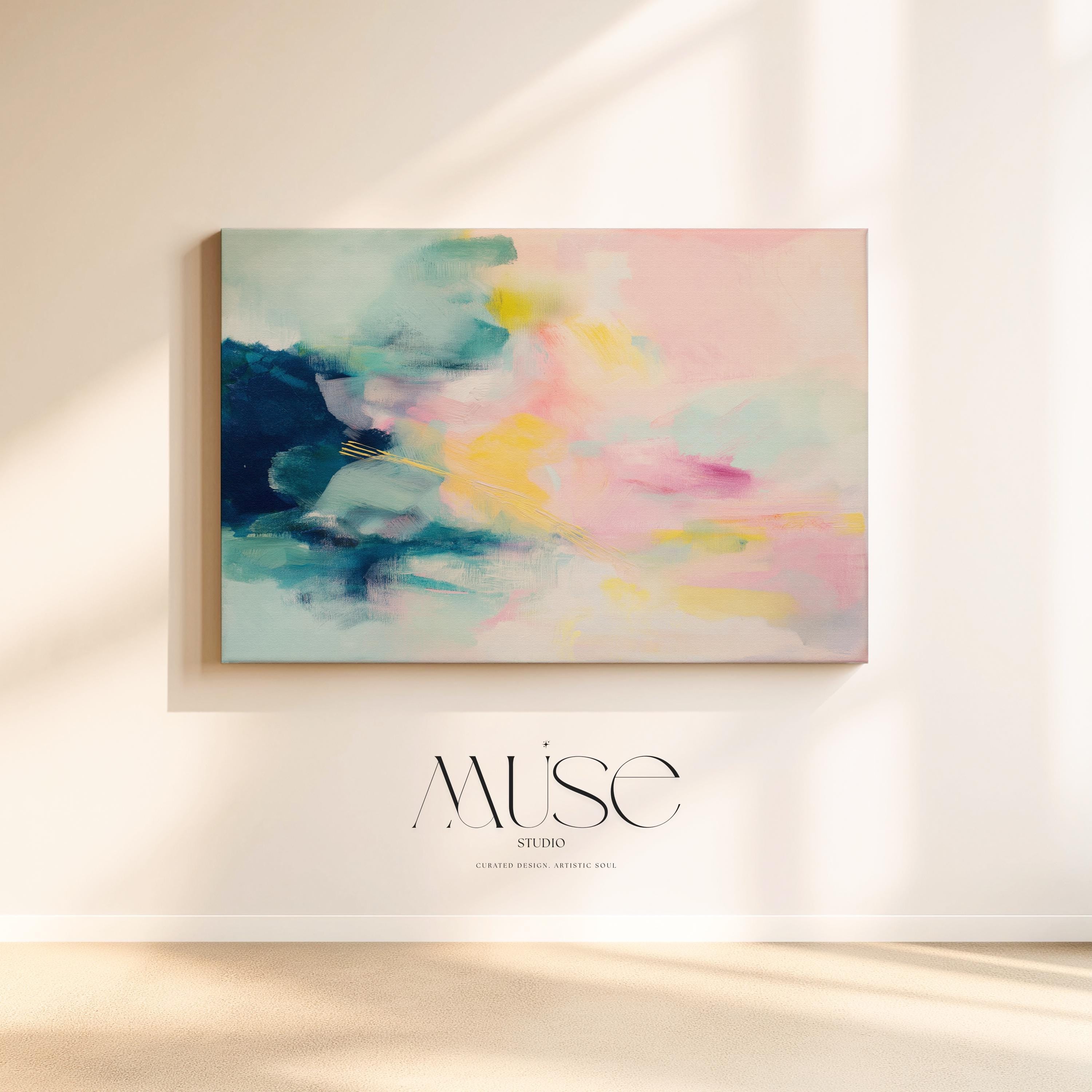 Large abstract canvas wall art by Muse Studio featuring pastel pink, teal, and yellow tones in a horizontal modern composition, printed with museum-grade giclée inks on premium gallery-wrapped artist canvas for bedroom or living room decor