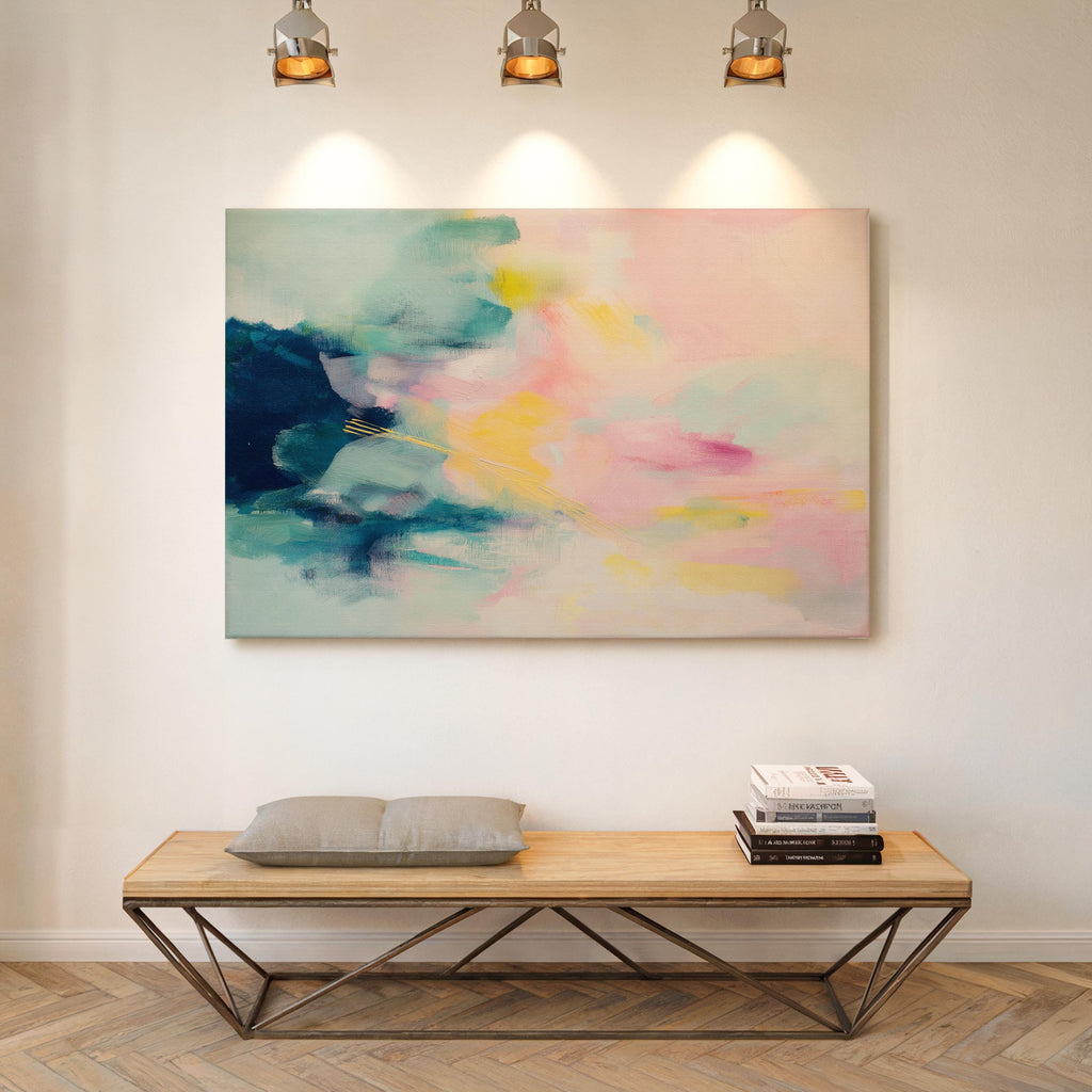 Large abstract canvas wall art by Muse Studio featuring pastel pink, teal, and yellow tones in a horizontal modern composition, printed with museum-grade giclée inks on premium gallery-wrapped artist canvas for bedroom or living room decor
