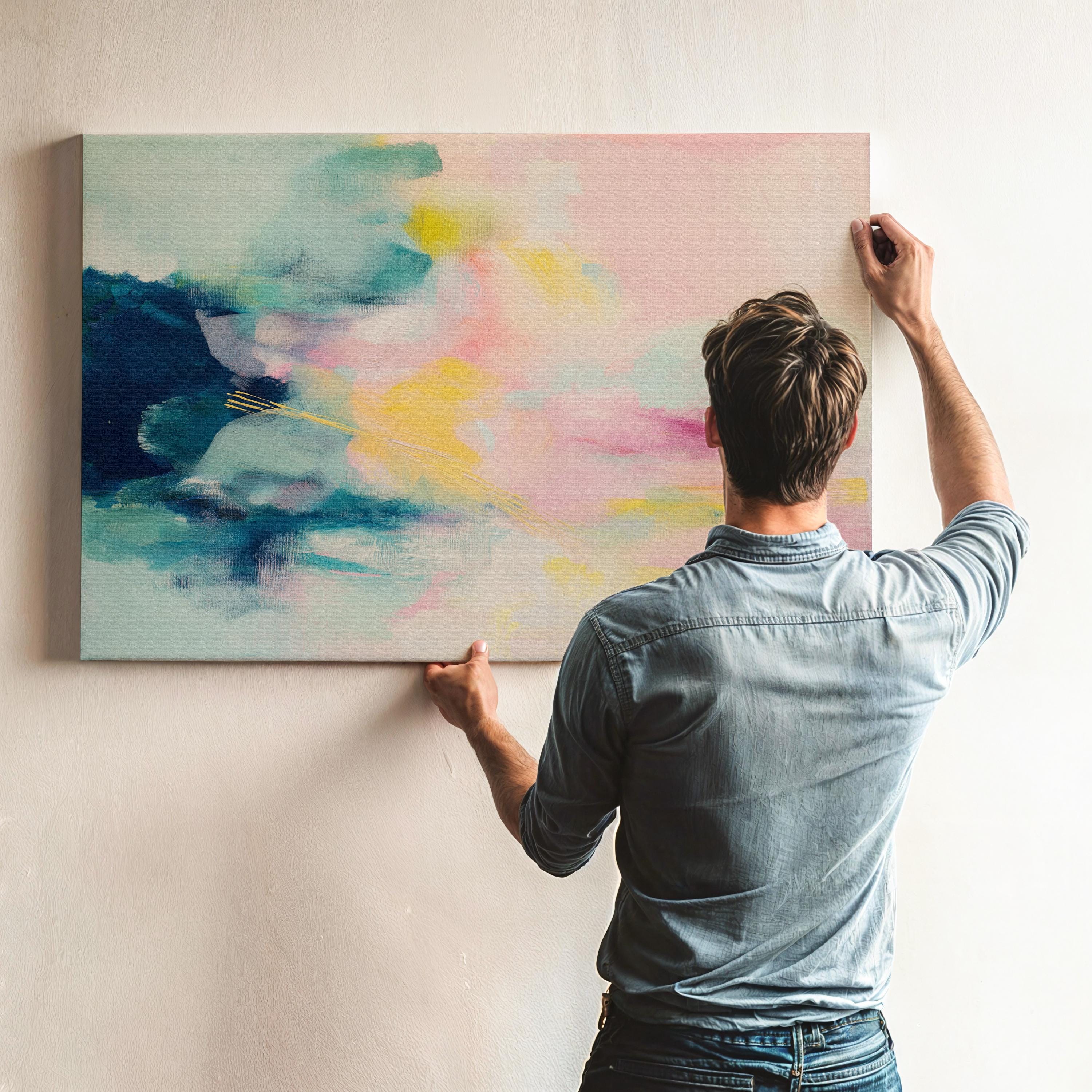 Large abstract canvas wall art by Muse Studio featuring pastel pink, teal, and yellow tones in a horizontal modern composition, printed with museum-grade giclée inks on premium gallery-wrapped artist canvas for bedroom or living room decor