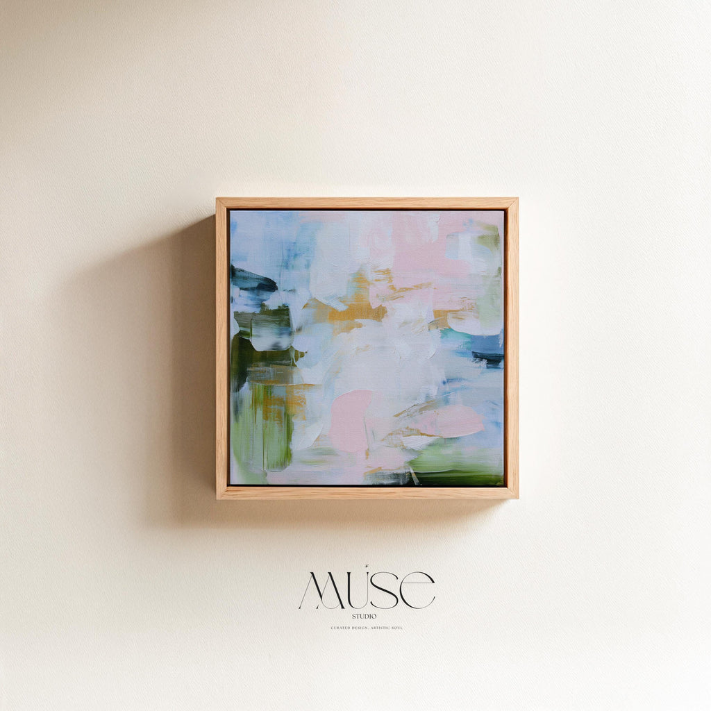 Large square Framed Abstract Canvas Wall Art in blush pink, sky blue, sage green and soft gold accents, Muse Studio Morning Mist 1060, premium gallery-wrapped giclée canvas in natural wood float frame for living room or bedroom styling