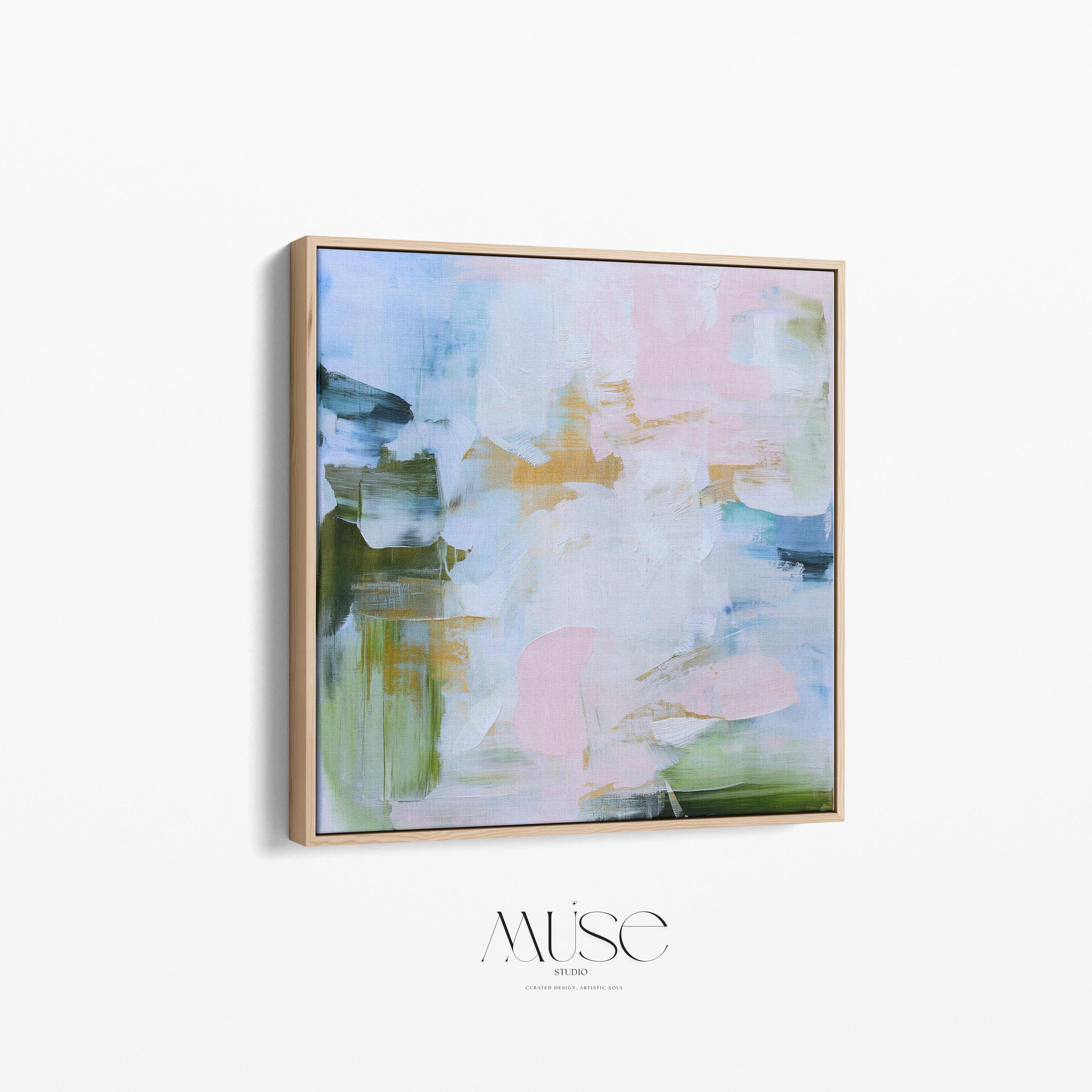 Large square Framed Abstract Canvas Wall Art in blush pink, sky blue, sage green and soft gold accents, Muse Studio Morning Mist 1060, premium gallery-wrapped giclée canvas in natural wood float frame for living room or bedroom styling