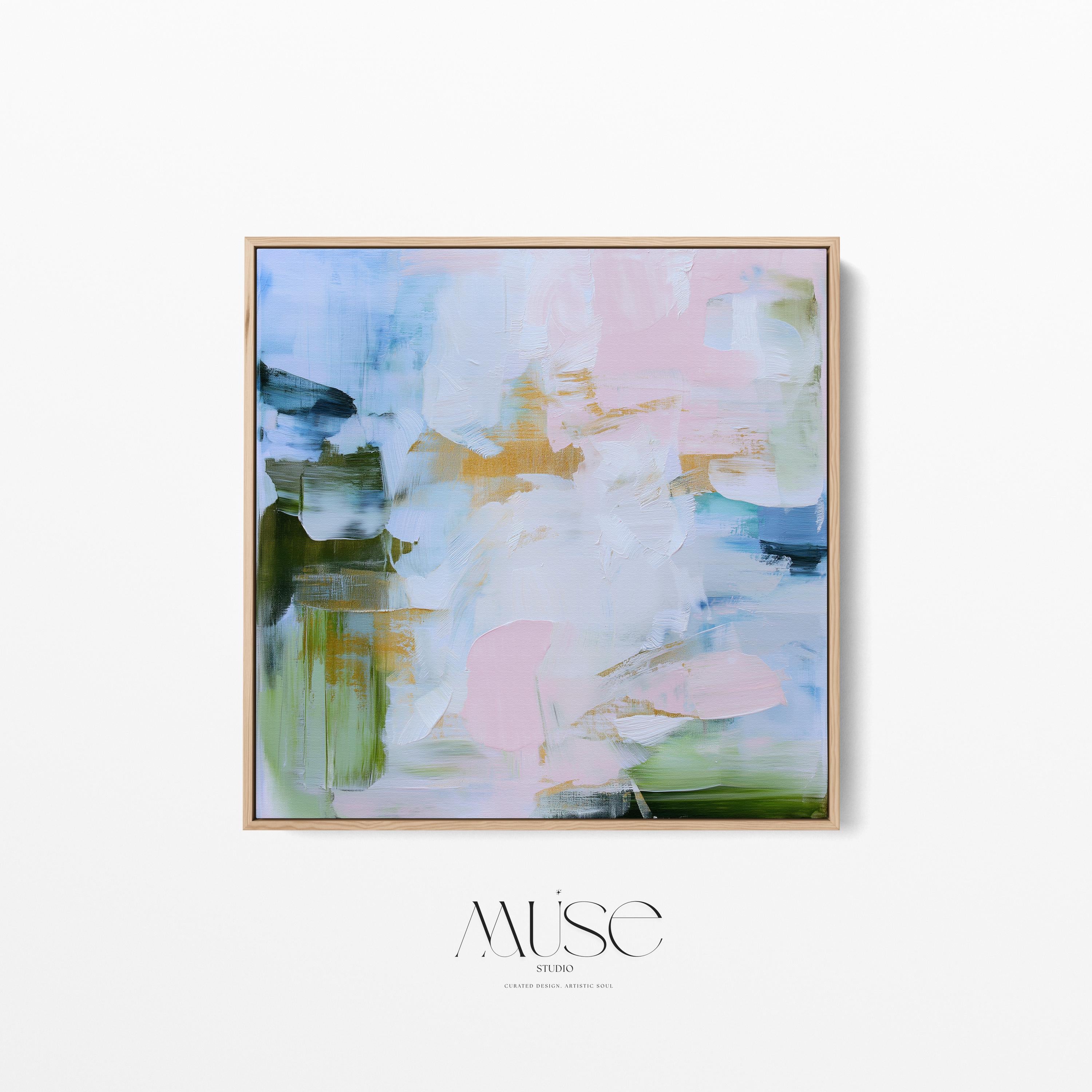 Large square Framed Abstract Canvas Wall Art in blush pink, sky blue, sage green and soft gold accents, Muse Studio Morning Mist 1060, premium gallery-wrapped giclée canvas in natural wood float frame for living room or bedroom styling