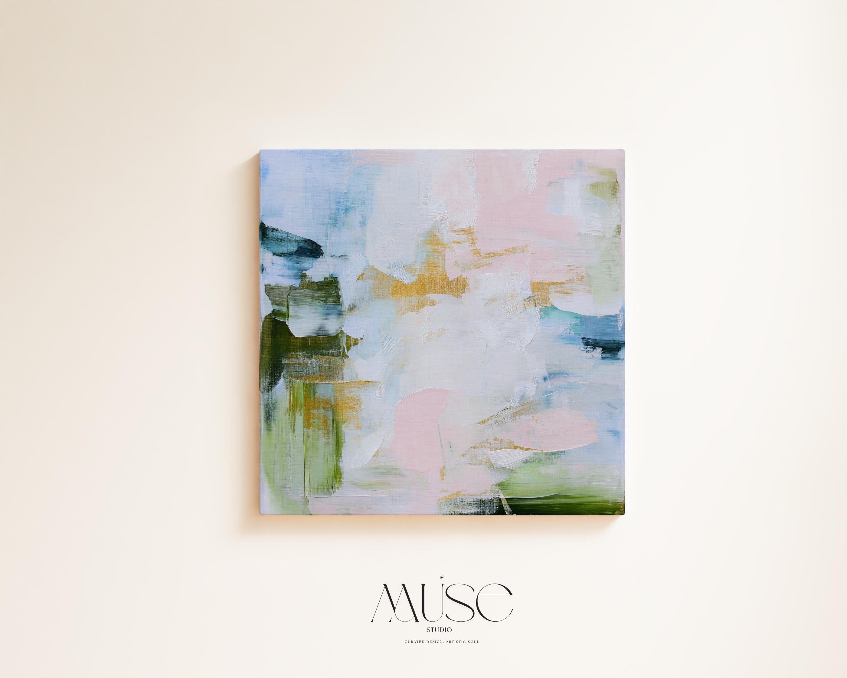 Horizontal abstract canvas wall art in blush pink, soft blue and sage green tones, Muse Studio Morning Mist 1060, museum-grade giclée print on premium gallery-wrapped artist canvas for living room, bedroom or office decor
