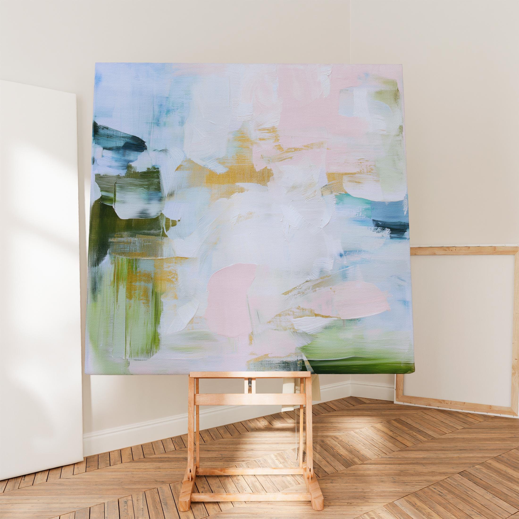 Horizontal abstract canvas wall art in blush pink, soft blue and sage green tones, Muse Studio Morning Mist 1060, museum-grade giclée print on premium gallery-wrapped artist canvas for living room, bedroom or office decor