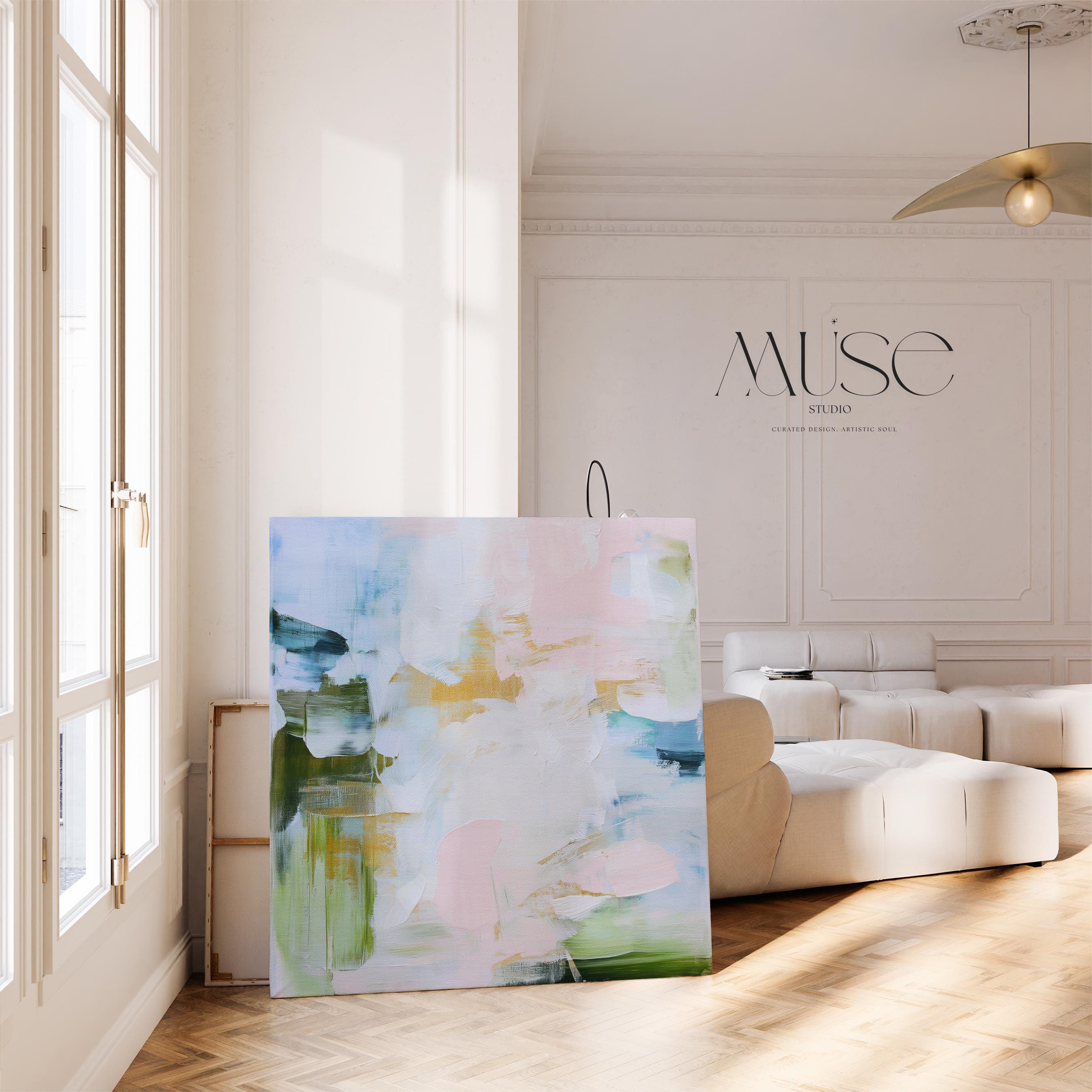 Horizontal abstract canvas wall art in blush pink, soft blue and sage green tones, Muse Studio Morning Mist 1060, museum-grade giclée print on premium gallery-wrapped artist canvas for living room, bedroom or office decor