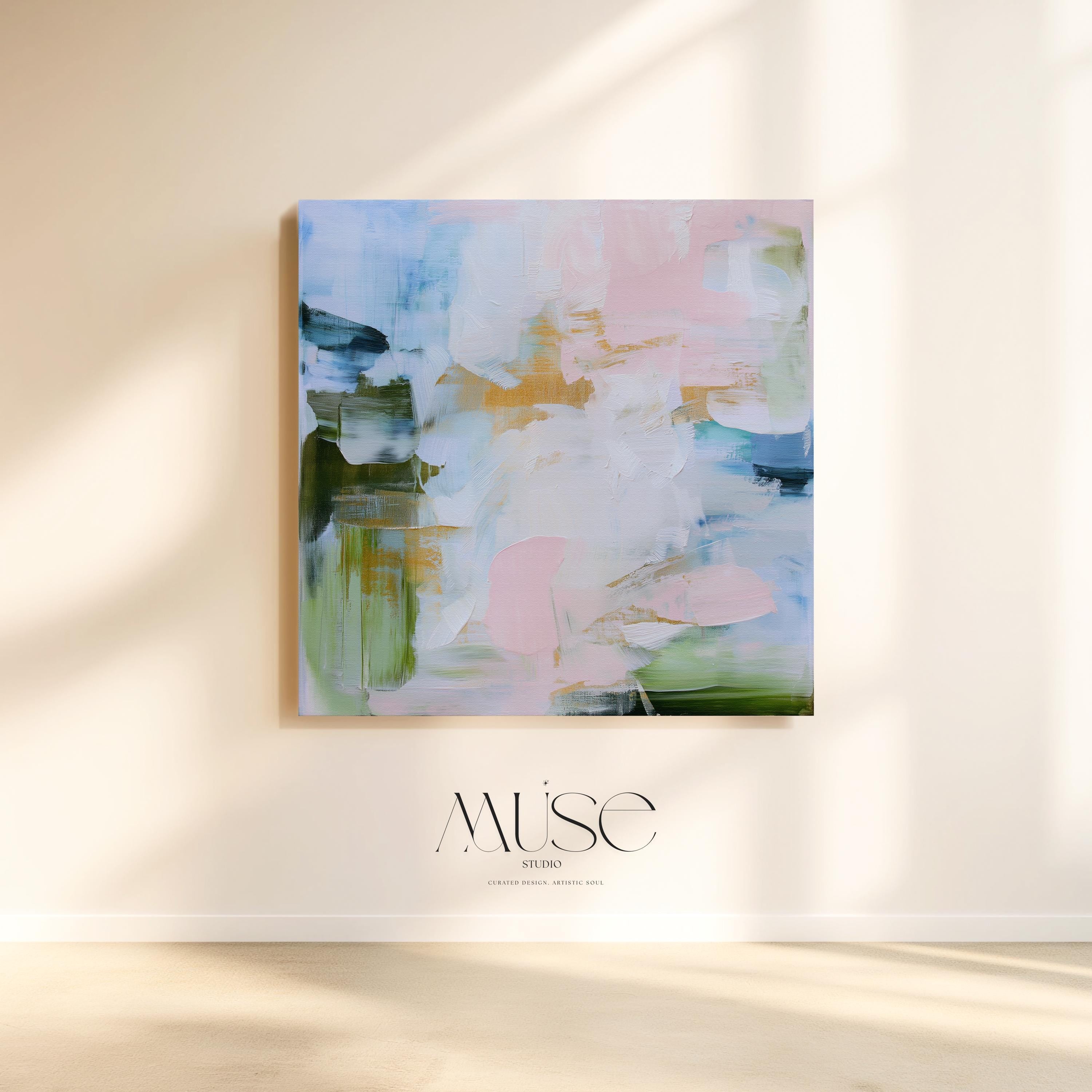 Horizontal abstract canvas wall art in blush pink, soft blue and sage green tones, Muse Studio Morning Mist 1060, museum-grade giclée print on premium gallery-wrapped artist canvas for living room, bedroom or office decor