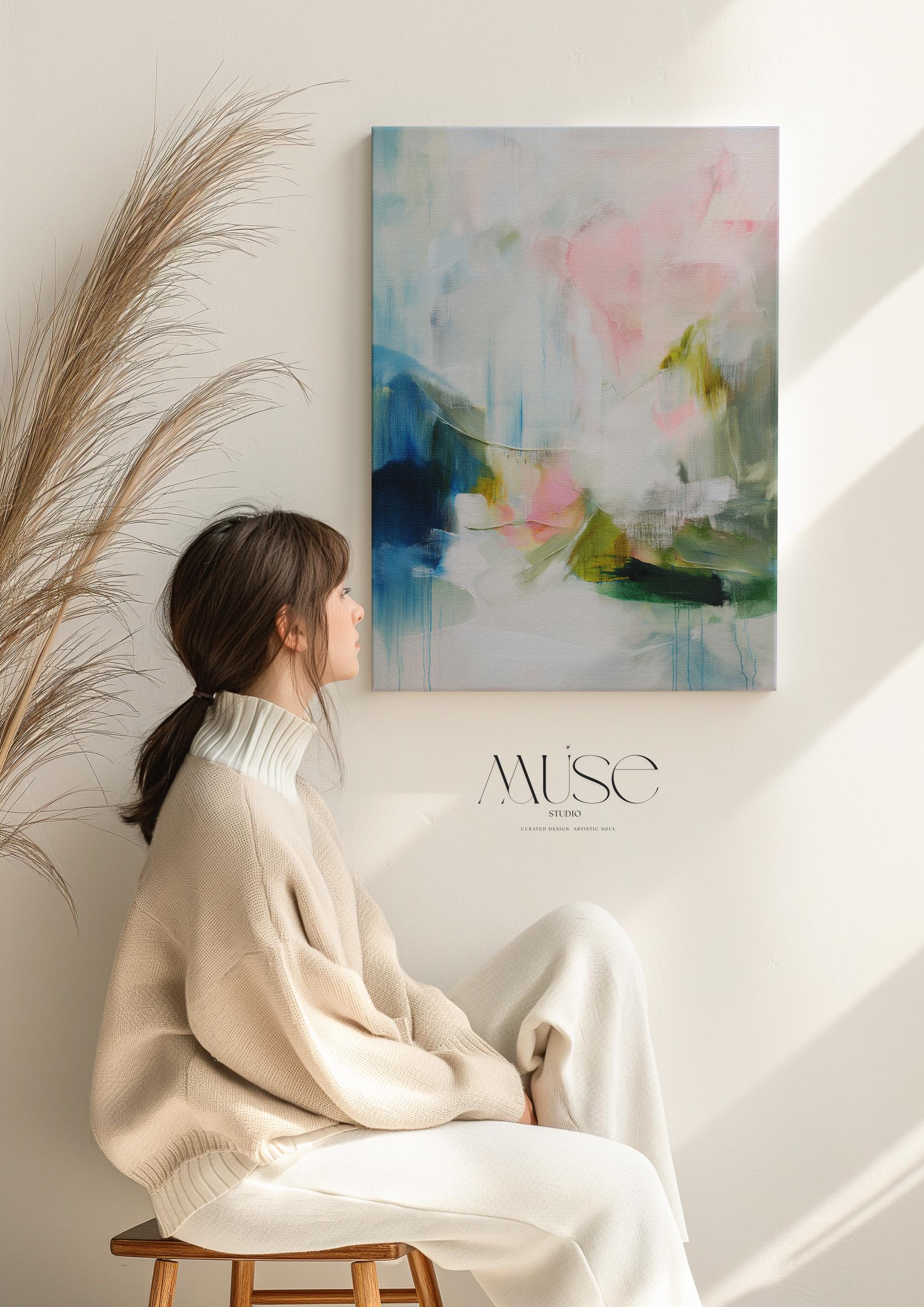 Spring Showers No. 1061 by Muse Studio & Co. vertical abstract canvas wall art in blue, blush pink, and soft green tones with a cottage botanical style, printed with museum-grade giclée inks on premium gallery-wrapped canvas, styled above a linen bed in a romantic cottage bedroom with soft contemporary decor.