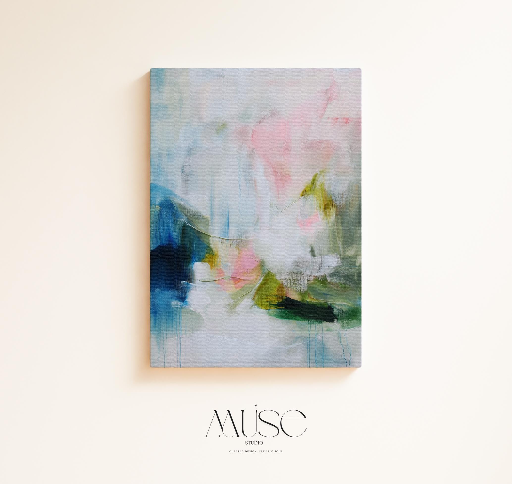Spring Showers No. 1061 by Muse Studio & Co. vertical abstract canvas wall art in blue, blush pink, and soft green tones with a cottage botanical style, printed with museum-grade giclée inks on premium gallery-wrapped canvas, styled above a linen bed in a romantic cottage bedroom with soft contemporary decor.