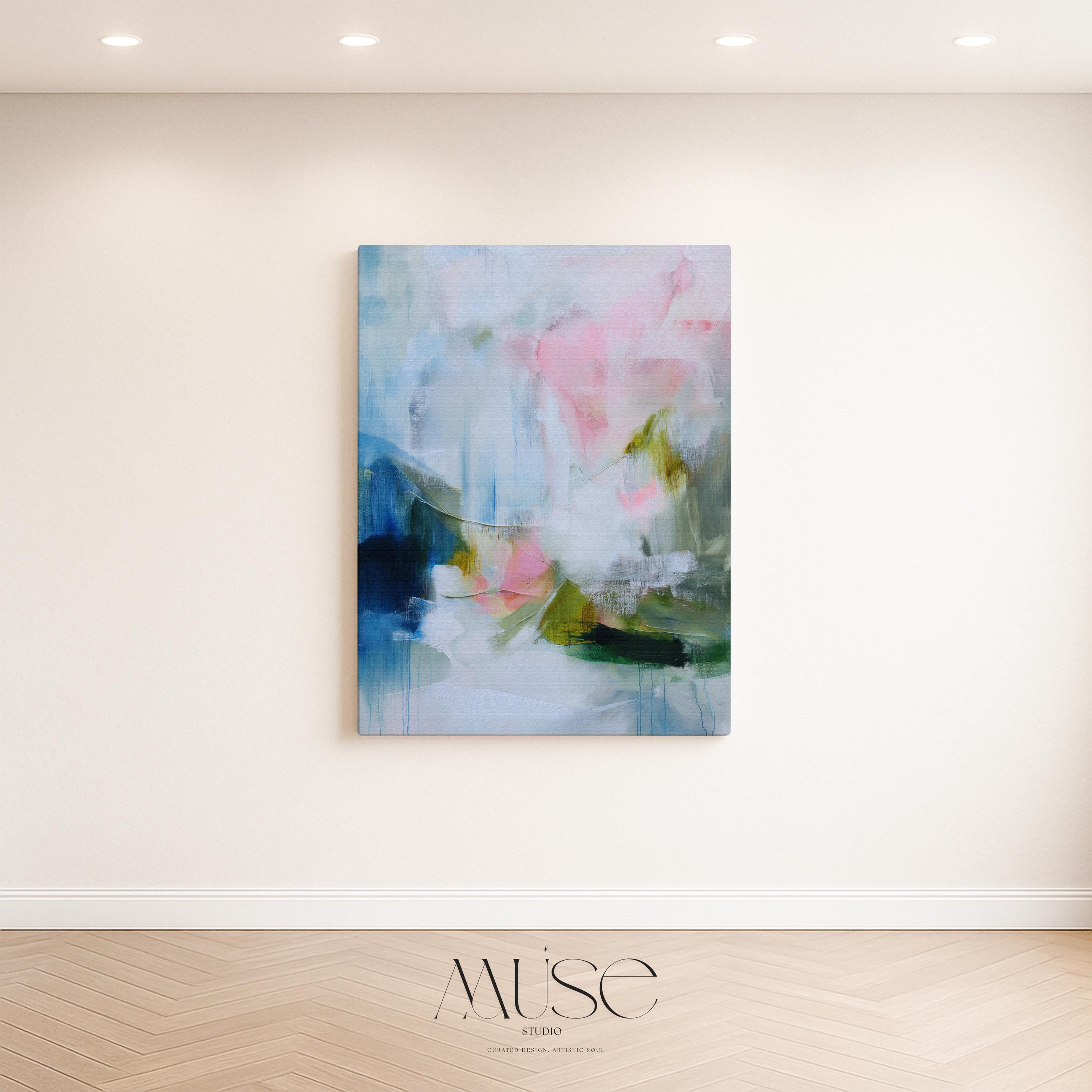 Spring Showers No. 1061 by Muse Studio & Co. vertical abstract canvas wall art in blue, blush pink, and soft green tones with a cottage botanical style, printed with museum-grade giclée inks on premium gallery-wrapped canvas, styled above a linen bed in a romantic cottage bedroom with soft contemporary decor.