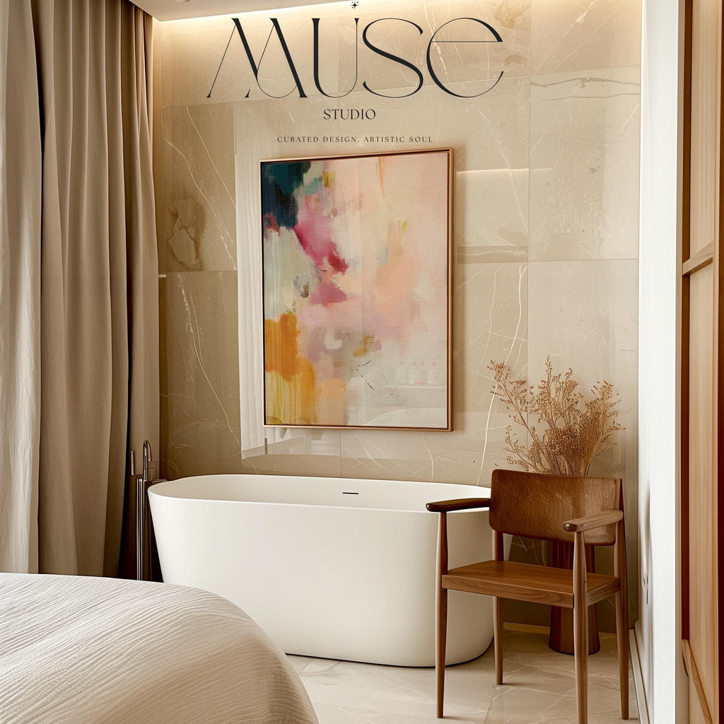 Desert Veil No. 1019 by Muse Studio & Co. vertical abstract wall art in blush coral ochre neutral tones printed with museum-grade giclée inks on premium canvas and framed in a natural wood float frame, styled in a warm modern living room.