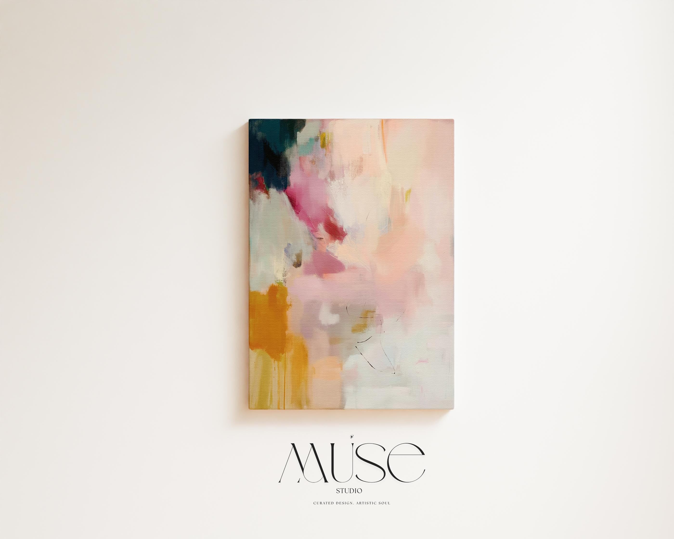 Desert Veil No. 1019 by Muse Studio & Co. vertical blush coral ochre abstract canvas wall art printed with museum-grade giclée inks on premium gallery-wrapped canvas, styled above a bed in a serene organic modern bedroom.