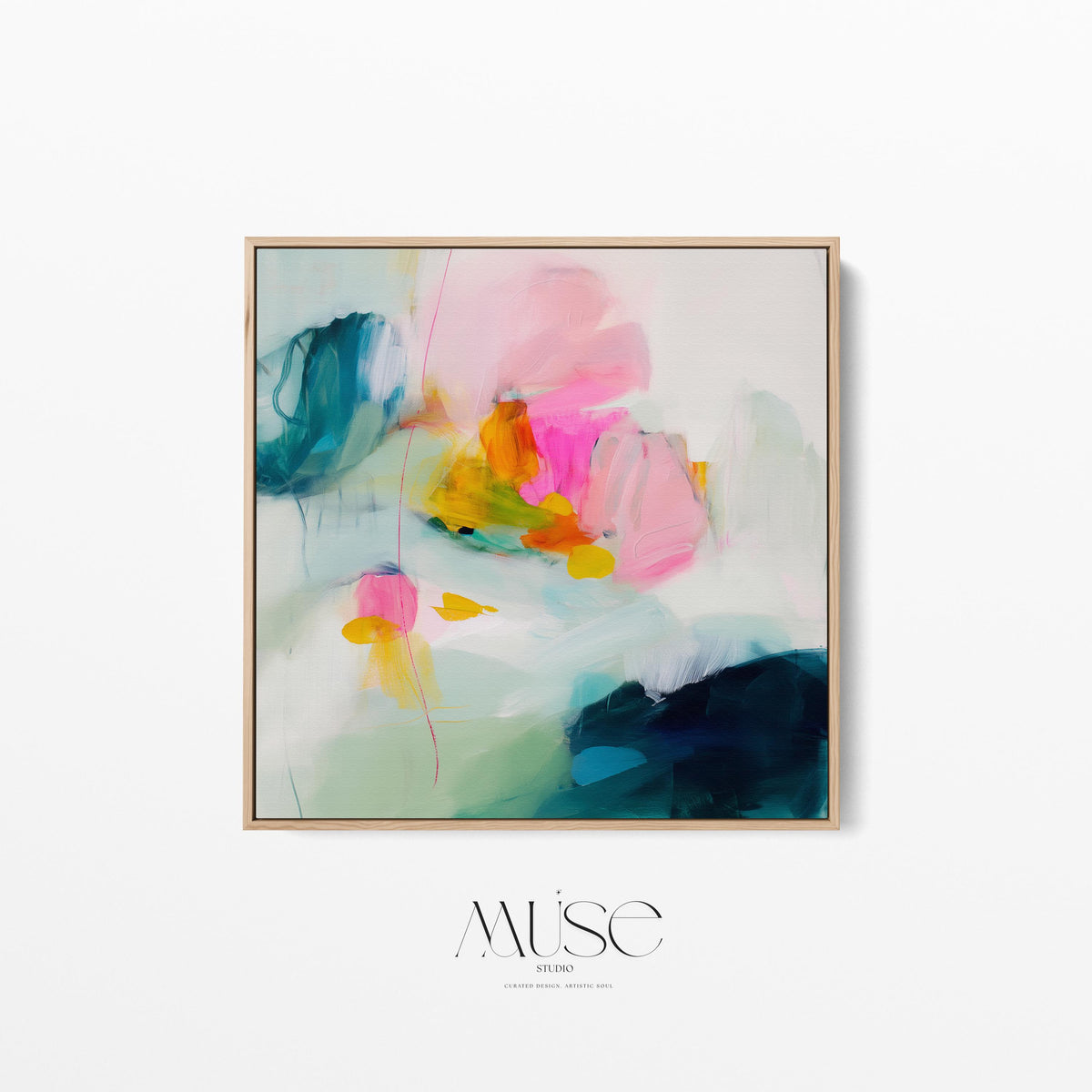 Poppy Fields No. 454 by Muse Studio & Co. vertical framed floral wall art in pink and red poppy tones, printed with museum-grade giclée inks on premium canvas and framed in a natural wood float frame, styled in a bright preppy living room.
