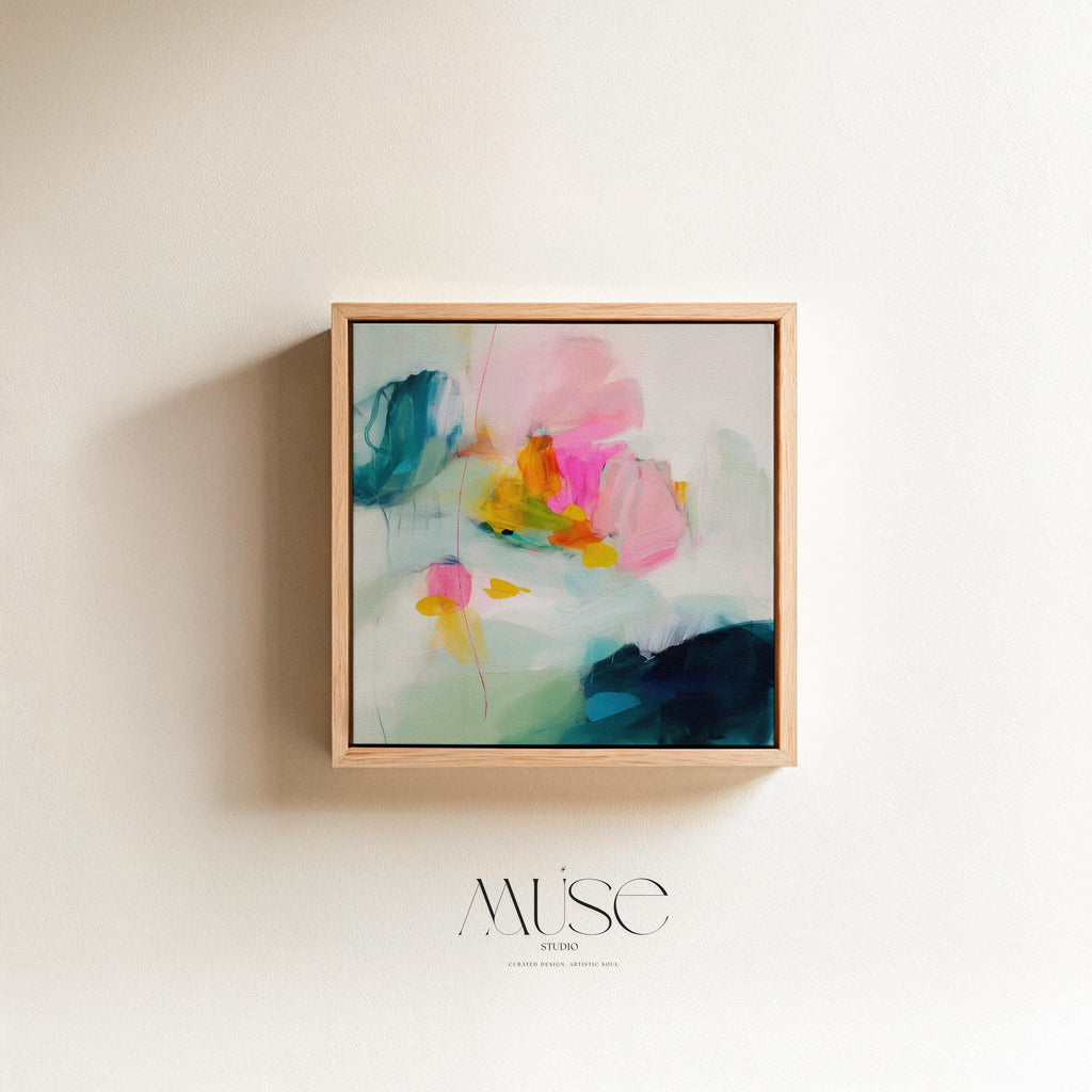 Poppy Fields No. 454 by Muse Studio & Co. vertical framed floral wall art in pink and red poppy tones, printed with museum-grade giclée inks on premium canvas and framed in a natural wood float frame, styled in a bright preppy living room.