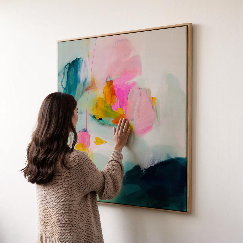Poppy Fields No. 454 by Muse Studio & Co. vertical framed floral wall art in pink and red poppy tones, printed with museum-grade giclée inks on premium canvas and framed in a natural wood float frame, styled in a bright preppy living room.