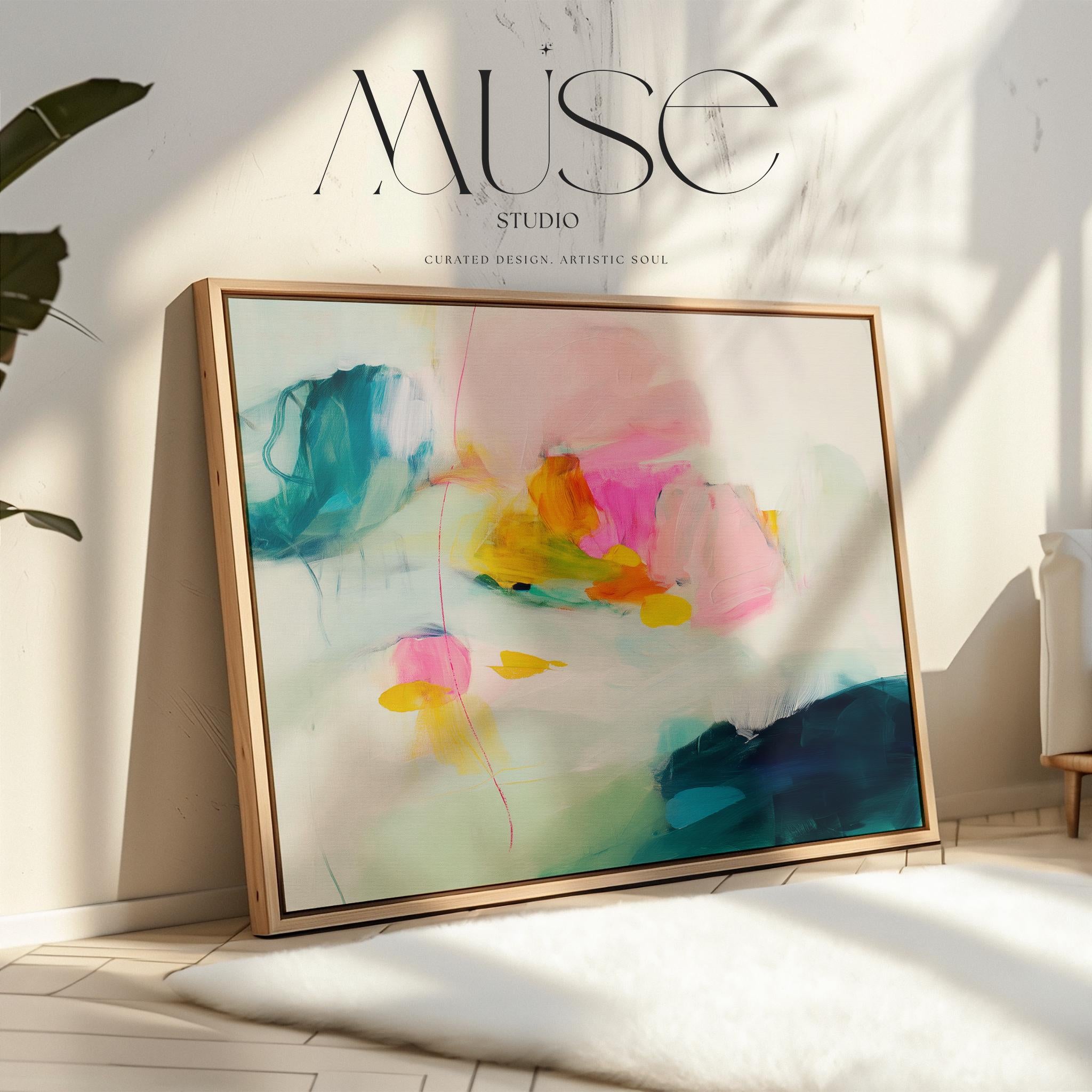 Poppy Fields No. 454 by Muse Studio & Co. horizontal colorful abstract wall art in pink, teal, yellow, and cream printed with museum-grade giclée inks on premium canvas, custom framed in natural, white, black, antique gold or silver float frame, styled in a bright designer living room.