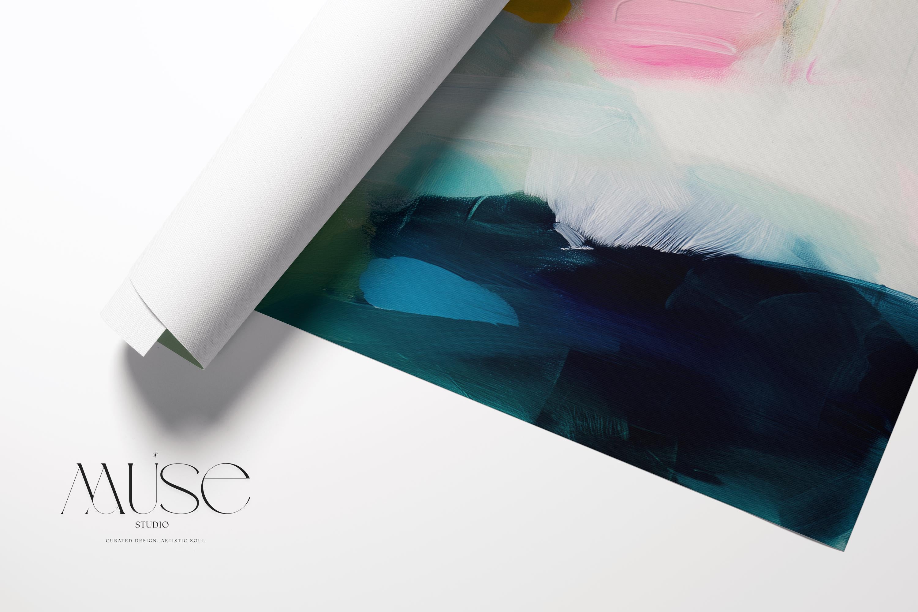 Poppy Fields No. 454 by Muse Studio & Co. colorful abstract wall art in pink, teal, yellow, and cream tones printed with museum-grade giclée inks on premium gallery-wrapped canvas, styled as large statement wall decor in a bright modern living room.