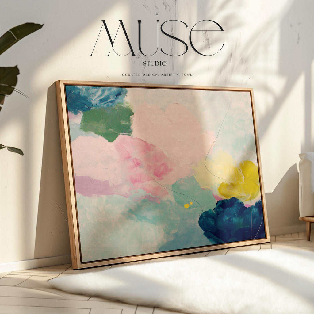 Large horizontal abstract canvas wall art by Muse Studio featuring blush pink, teal, soft aqua, and yellow in a pastel color palette. Museum-grade giclée print on premium gallery-wrapped canvas, styled for living rooms, bedrooms, or light-filled interiors.