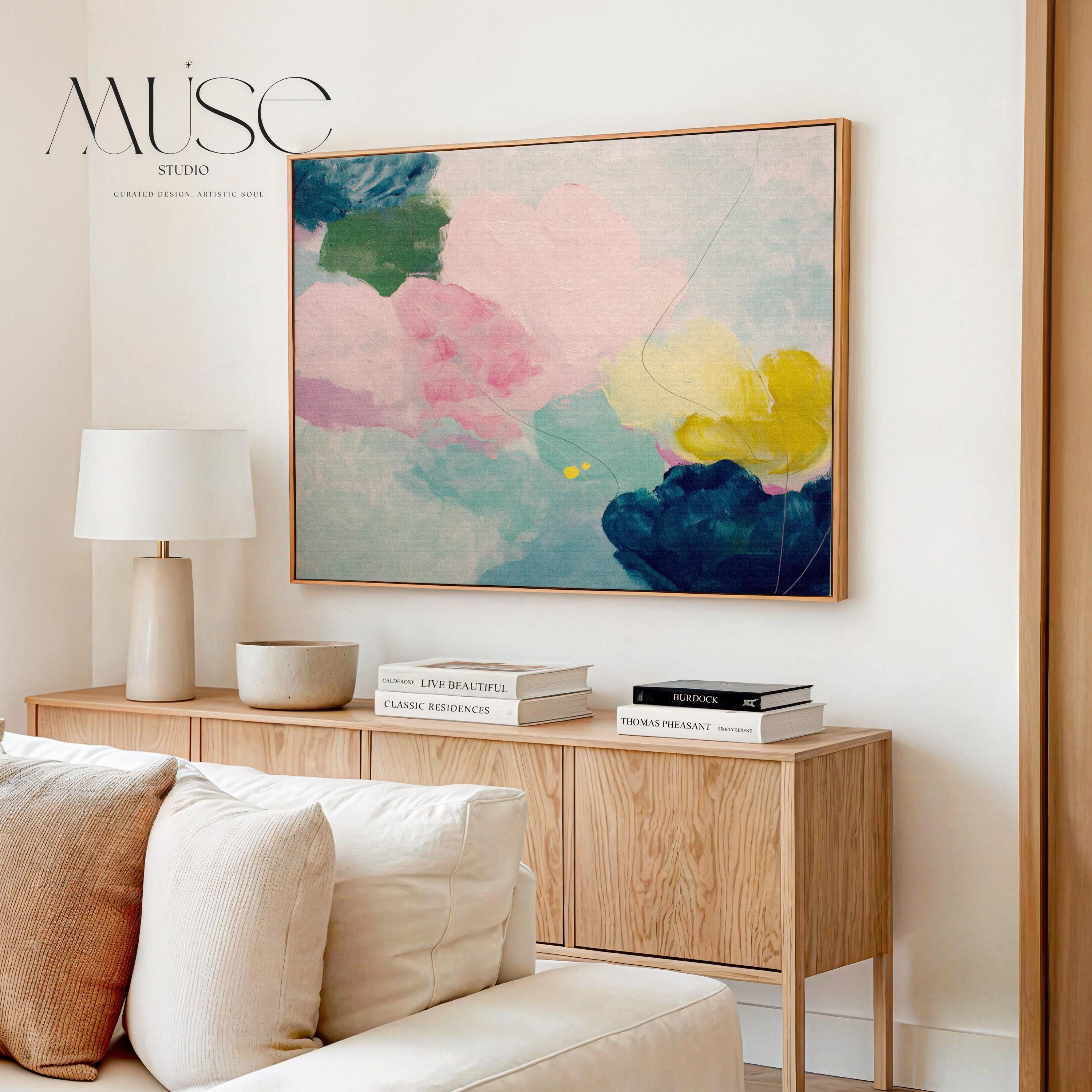 Large horizontal abstract canvas wall art by Muse Studio featuring blush pink, teal, soft aqua, and yellow in a pastel color palette. Museum-grade giclée print on premium gallery-wrapped canvas, styled for living rooms, bedrooms, or light-filled interiors.