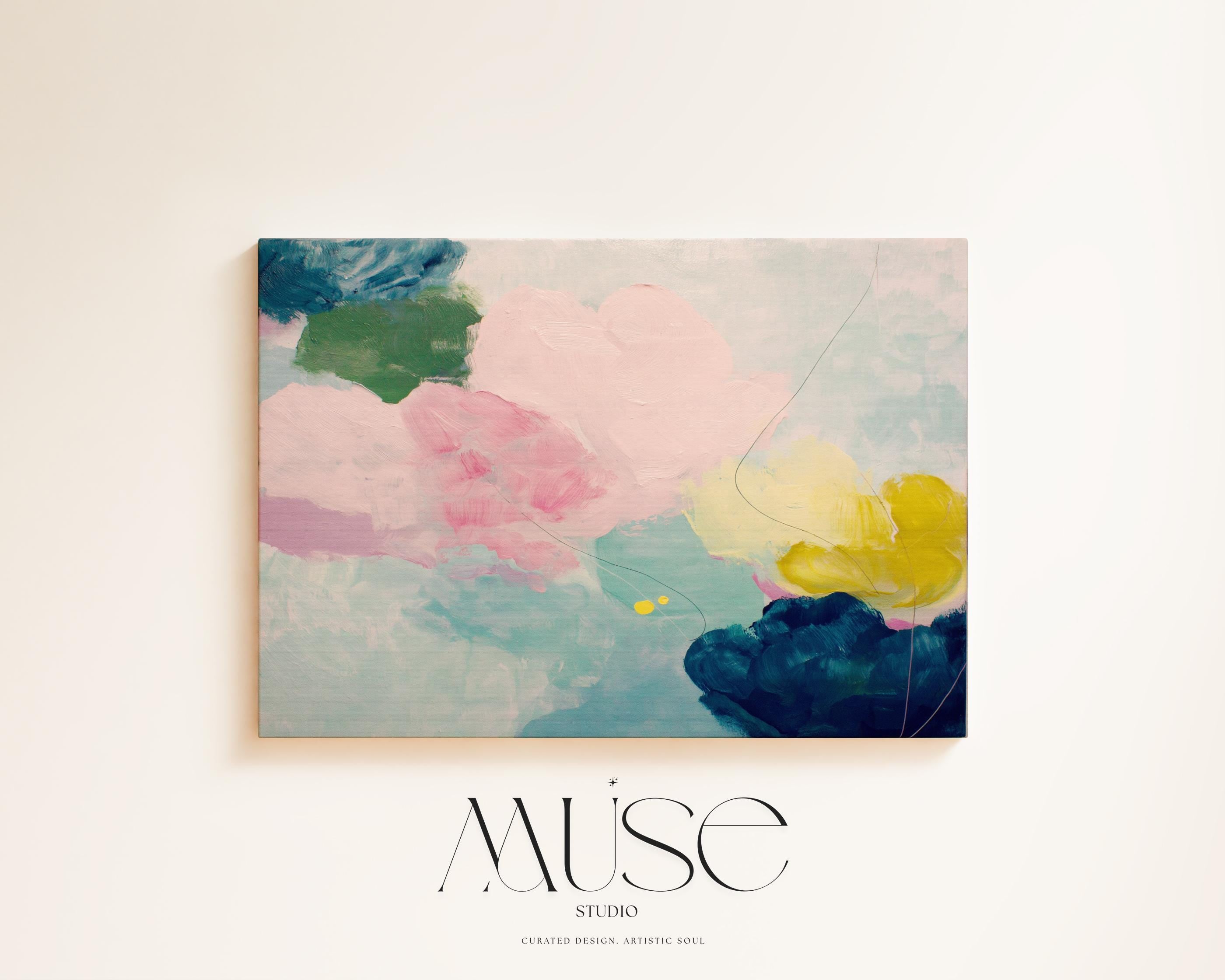 Large horizontal abstract canvas wall art by Muse Studio featuring blush pink, teal, soft aqua, and yellow in a pastel color palette. Museum-grade giclée print on premium gallery-wrapped canvas, styled for living rooms, bedrooms, or light-filled interiors.