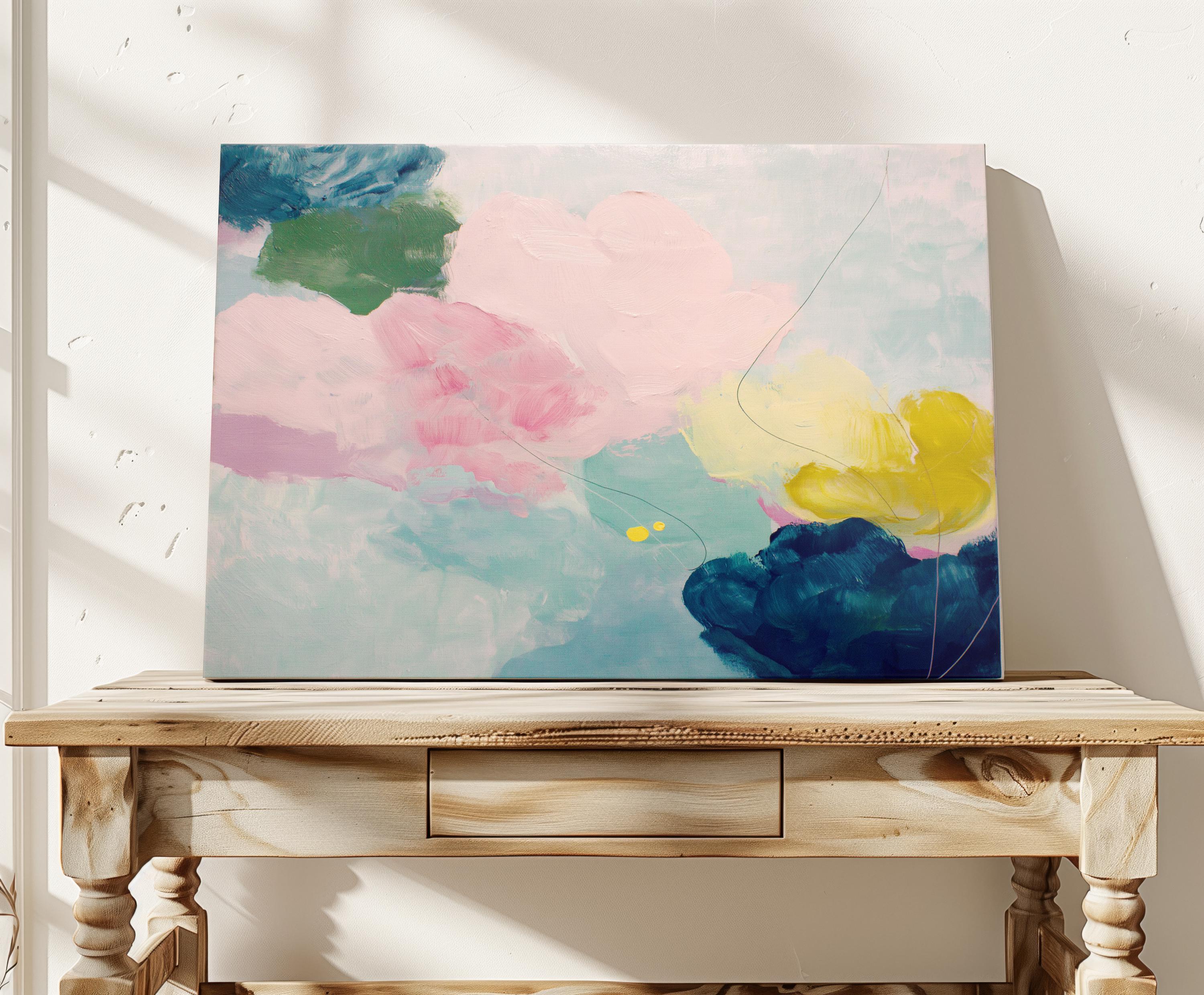 Large horizontal abstract canvas wall art by Muse Studio featuring blush pink, teal, soft aqua, and yellow in a pastel color palette. Museum-grade giclée print on premium gallery-wrapped canvas, styled for living rooms, bedrooms, or light-filled interiors.