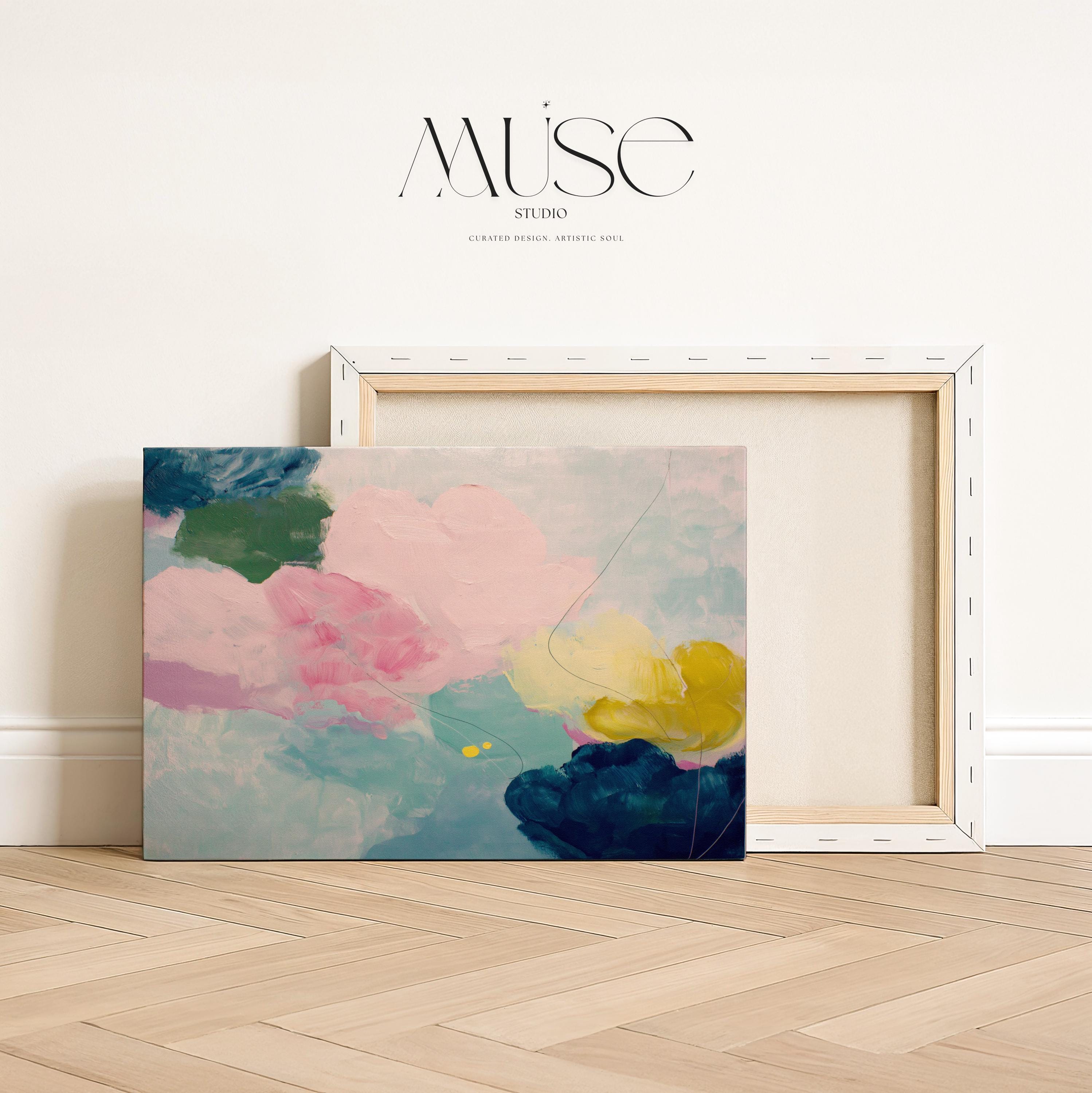 Large horizontal abstract canvas wall art by Muse Studio featuring blush pink, teal, soft aqua, and yellow in a pastel color palette. Museum-grade giclée print on premium gallery-wrapped canvas, styled for living rooms, bedrooms, or light-filled interiors.