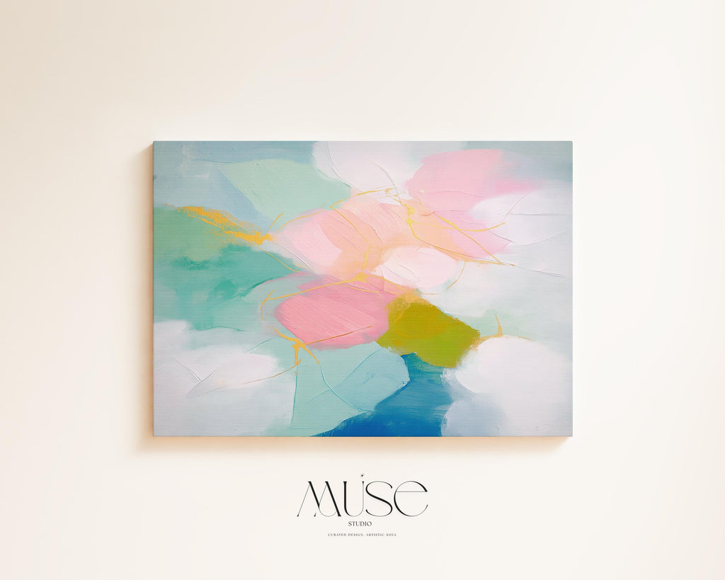 Large horizontal pastel abstract canvas wall art by Muse Studio featuring blush pink, teal, aqua, and soft yellow with fluid painterly movement. Printed with museum-grade giclée inks on premium gallery-wrapped canvas, ideal for living rooms, bedrooms, or serene modern interiors.