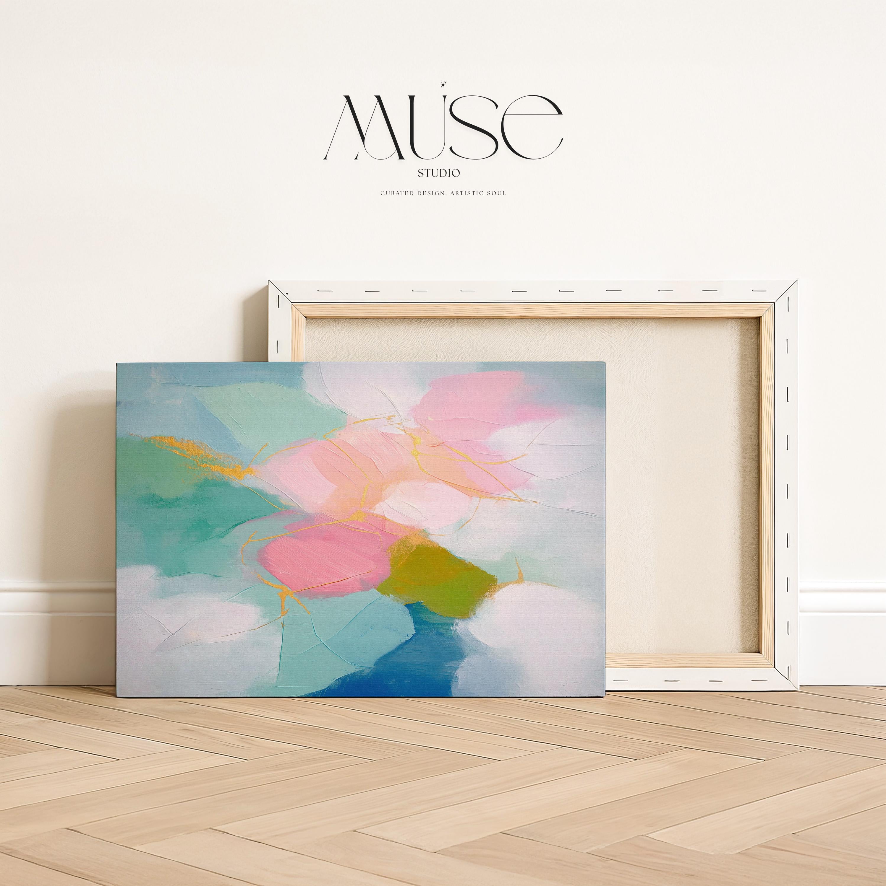 Large horizontal pastel abstract canvas wall art by Muse Studio featuring blush pink, teal, aqua, and soft yellow with fluid painterly movement. Printed with museum-grade giclée inks on premium gallery-wrapped canvas, ideal for living rooms, bedrooms, or serene modern interiors.