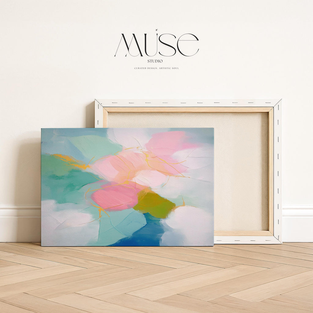 Large horizontal pastel abstract canvas wall art by Muse Studio featuring blush pink, teal, aqua, and soft yellow with fluid painterly movement. Printed with museum-grade giclée inks on premium gallery-wrapped canvas, ideal for living rooms, bedrooms, or serene modern interiors.