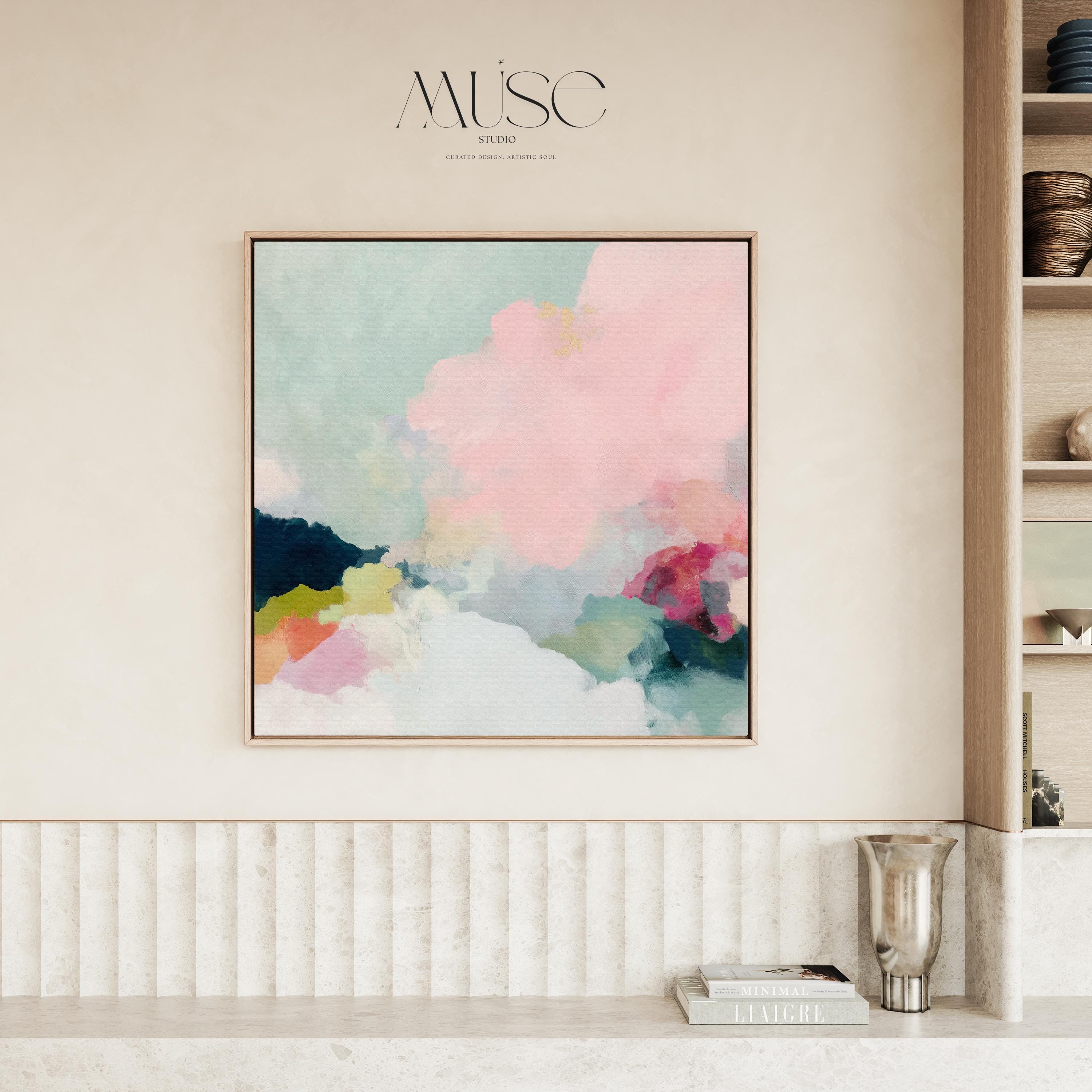 Square Framed Wall Art, Blush Pink Abstract for Living Room · Cotton Candy Skies No. 1059