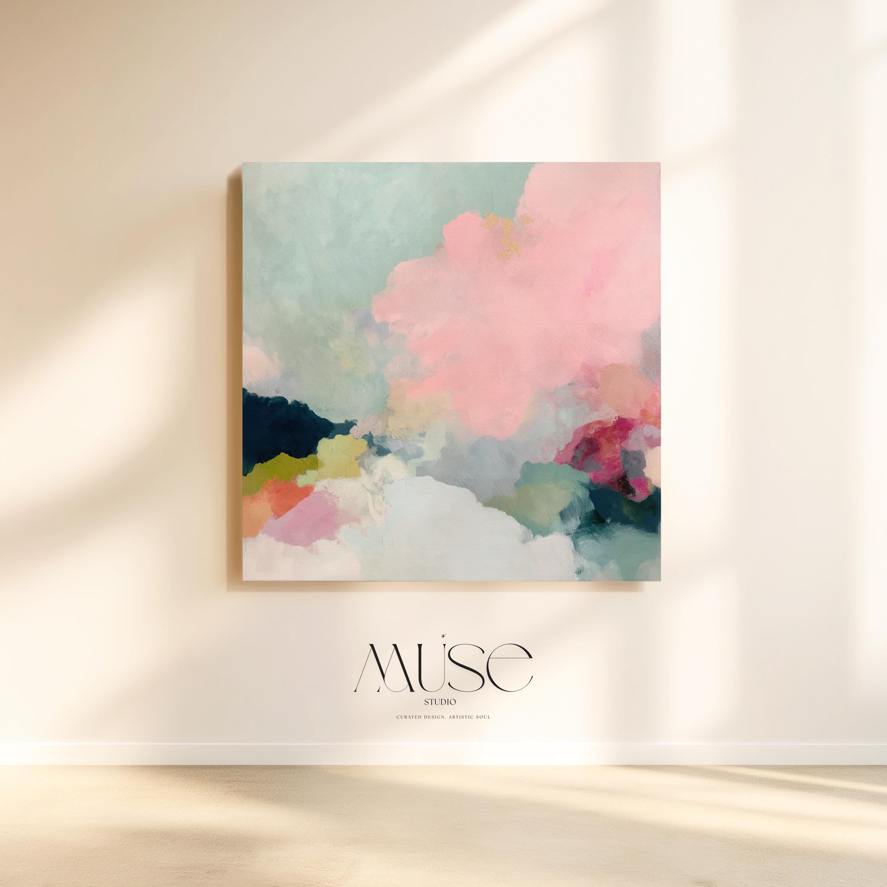 Square pastel pink cloud canvas wall art by Muse Studio featuring soft blush, cream, and gentle sage tones in a dreamy abstract composition. Printed with museum-grade giclée inks on premium gallery-wrapped canvas, perfect for nursery decor, baby girl room, or soft modern spaces.