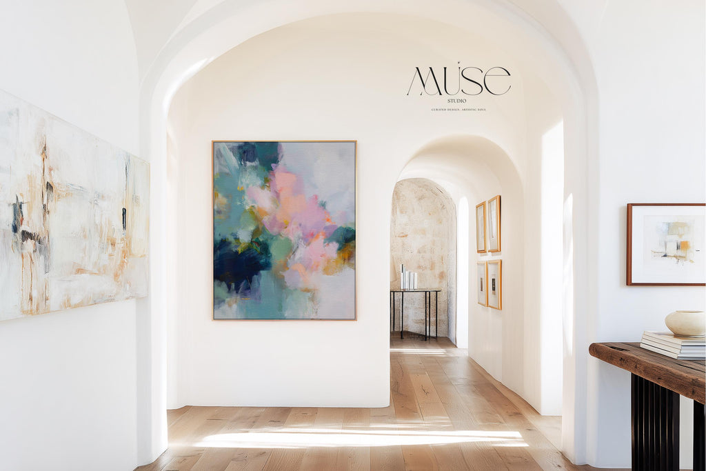 Large framed abstract wall art in blush pink, teal, sage green and soft yellow · soft botanical inspired painting for bedroom or living room · museum-grade giclée print on premium canvas with custom wood float frame · Muse Studio Misty Garden 1062