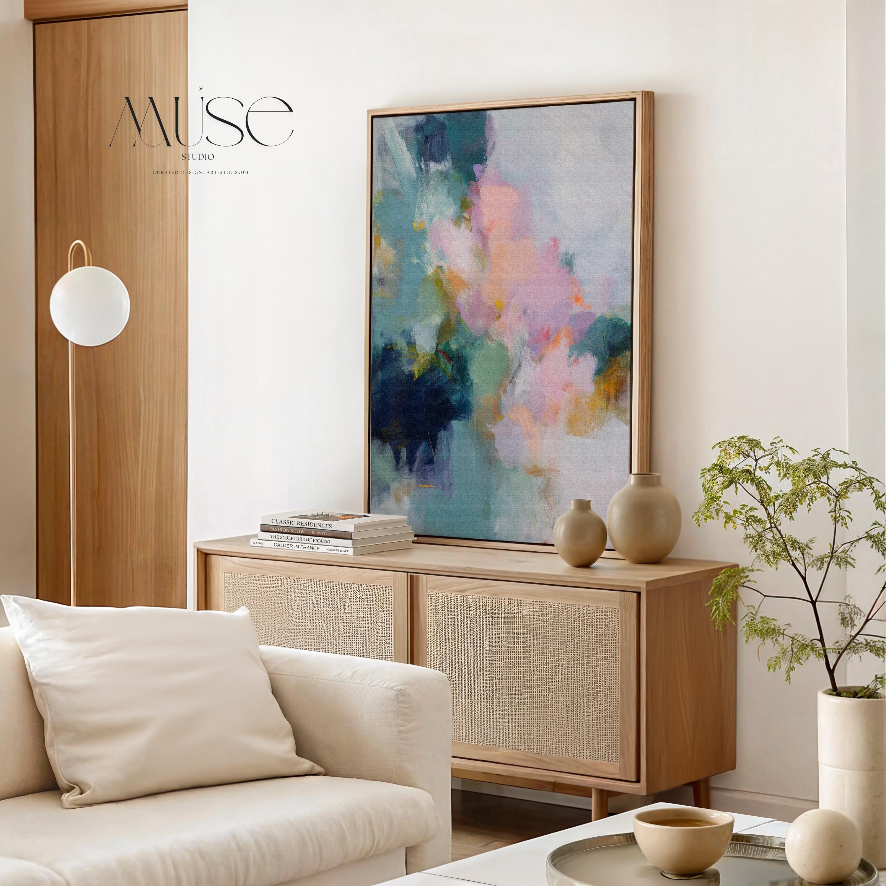 Large framed abstract wall art in blush pink, teal, sage green and soft yellow · soft botanical inspired painting for bedroom or living room · museum-grade giclée print on premium canvas with custom wood float frame · Muse Studio Misty Garden 1062