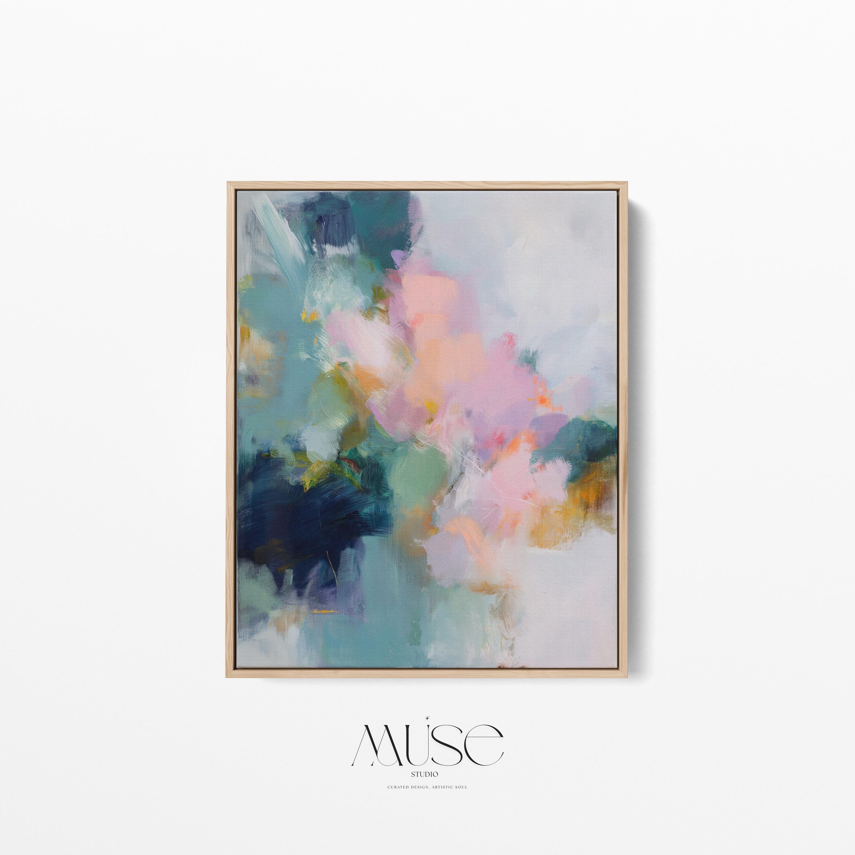 Large framed abstract wall art in blush pink, teal, sage green and soft yellow · soft botanical inspired painting for bedroom or living room · museum-grade giclée print on premium canvas with custom wood float frame · Muse Studio Misty Garden 1062