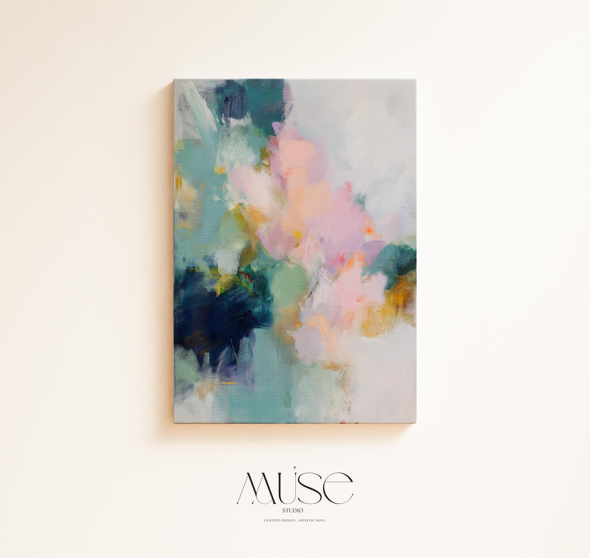 Large pastel abstract canvas wall art in blush pink, teal, sage green and soft yellow · organic botanical inspired painting for bedroom or living room · museum-grade giclée print on premium gallery-wrapped canvas · Muse Studio Misty Garden 1062