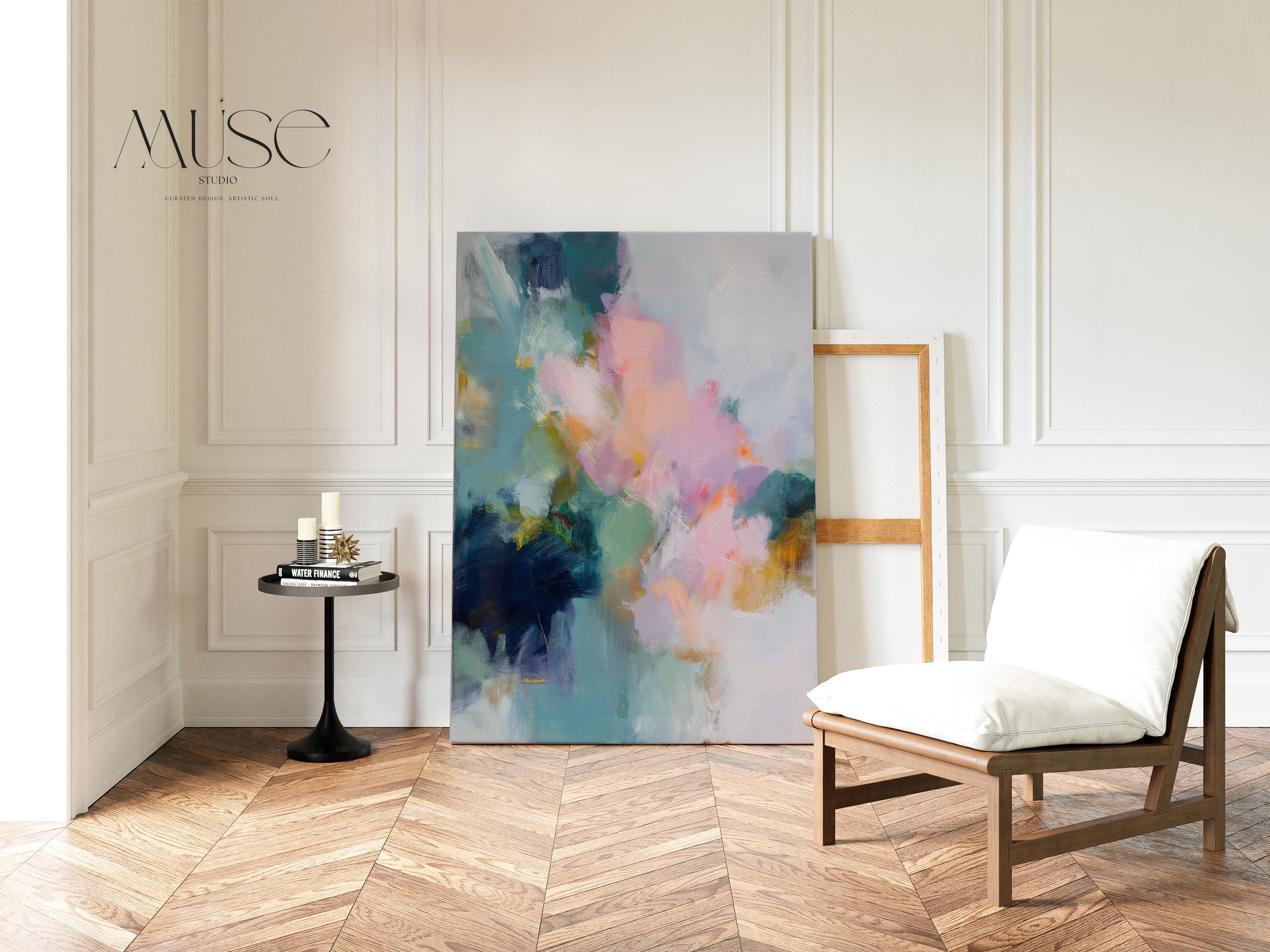 Large pastel abstract canvas wall art in blush pink, teal, sage green and soft yellow · organic botanical inspired painting for bedroom or living room · museum-grade giclée print on premium gallery-wrapped canvas · Muse Studio Misty Garden 1062