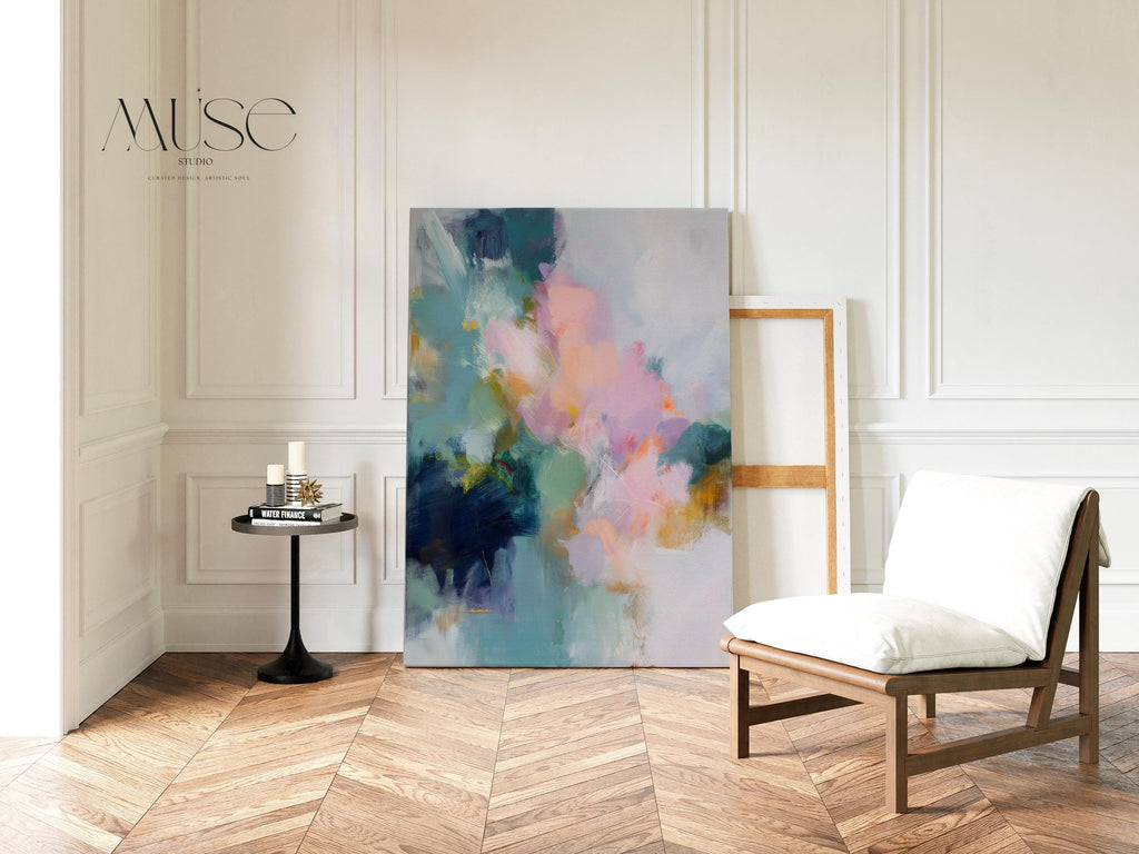 Large pastel abstract canvas wall art in blush pink, teal, sage green and soft yellow · organic botanical inspired painting for bedroom or living room · museum-grade giclée print on premium gallery-wrapped canvas · Muse Studio Misty Garden 1062