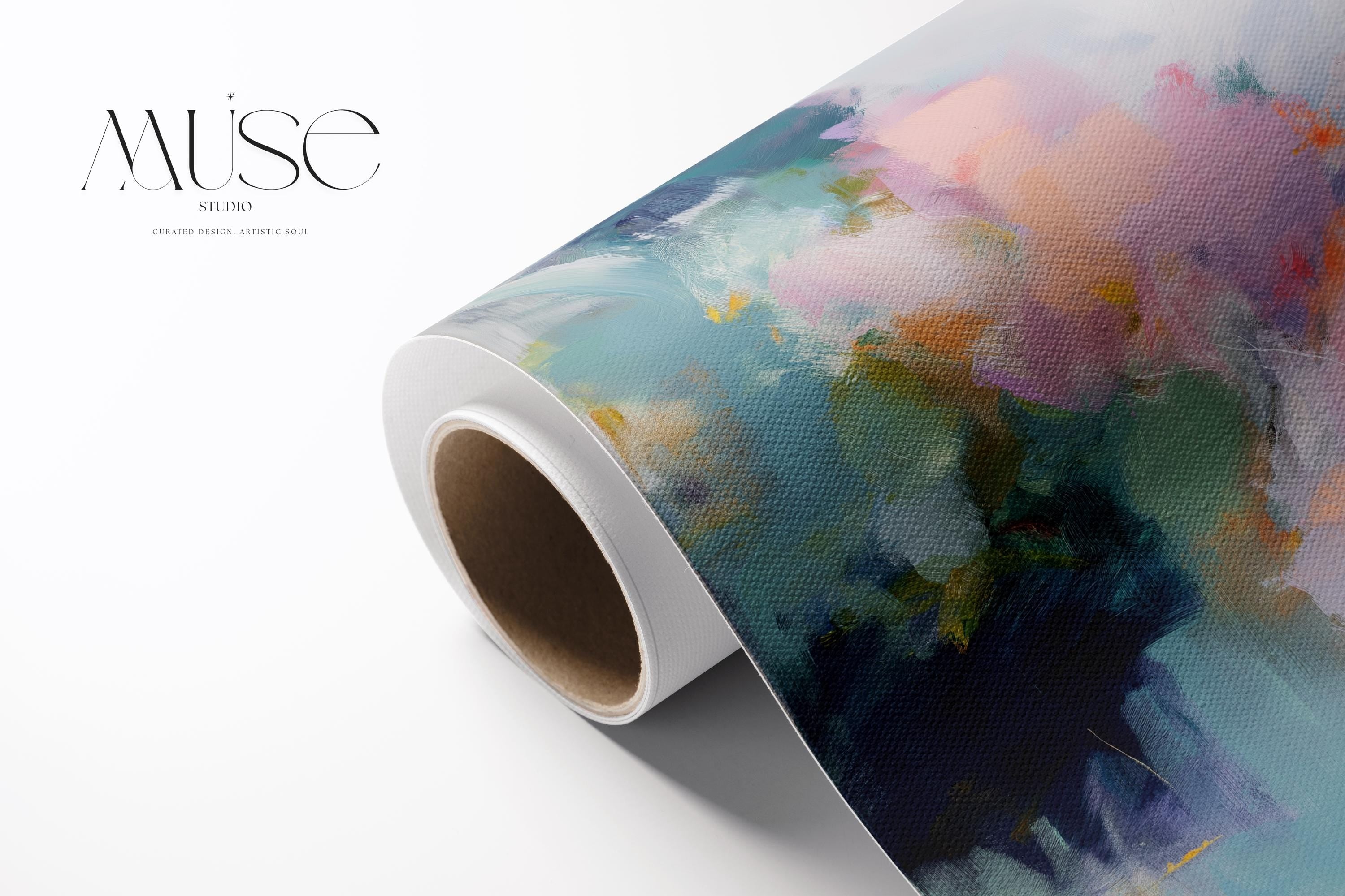 Large pastel abstract canvas wall art in blush pink, teal, sage green and soft yellow · organic botanical inspired painting for bedroom or living room · museum-grade giclée print on premium gallery-wrapped canvas · Muse Studio Misty Garden 1062