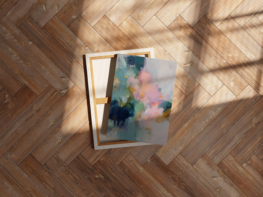Large pastel abstract canvas wall art in blush pink, teal, sage green and soft yellow · organic botanical inspired painting for bedroom or living room · museum-grade giclée print on premium gallery-wrapped canvas · Muse Studio Misty Garden 1062