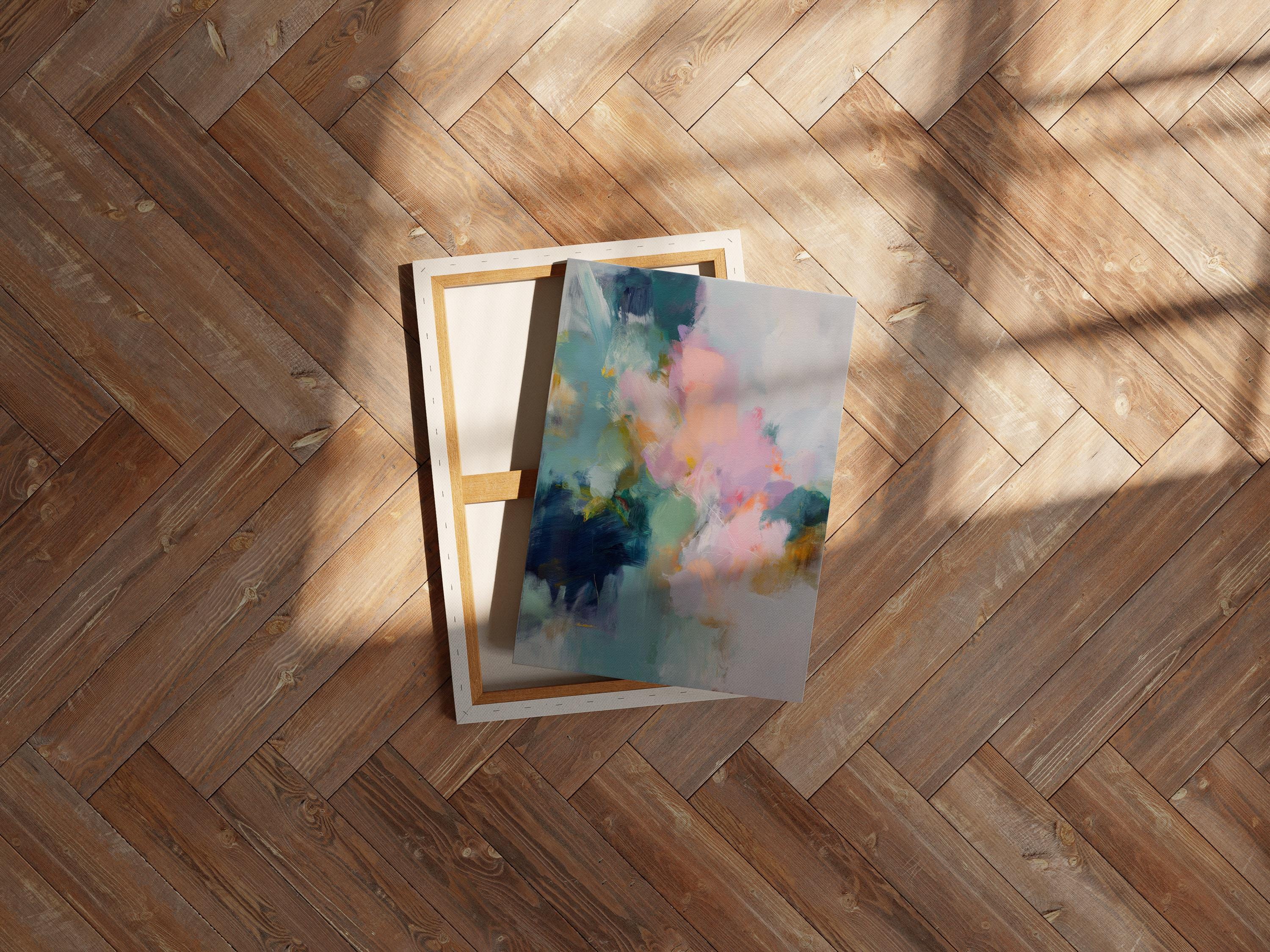 Large pastel abstract canvas wall art in blush pink, teal, sage green and soft yellow · organic botanical inspired painting for bedroom or living room · museum-grade giclée print on premium gallery-wrapped canvas · Muse Studio Misty Garden 1062